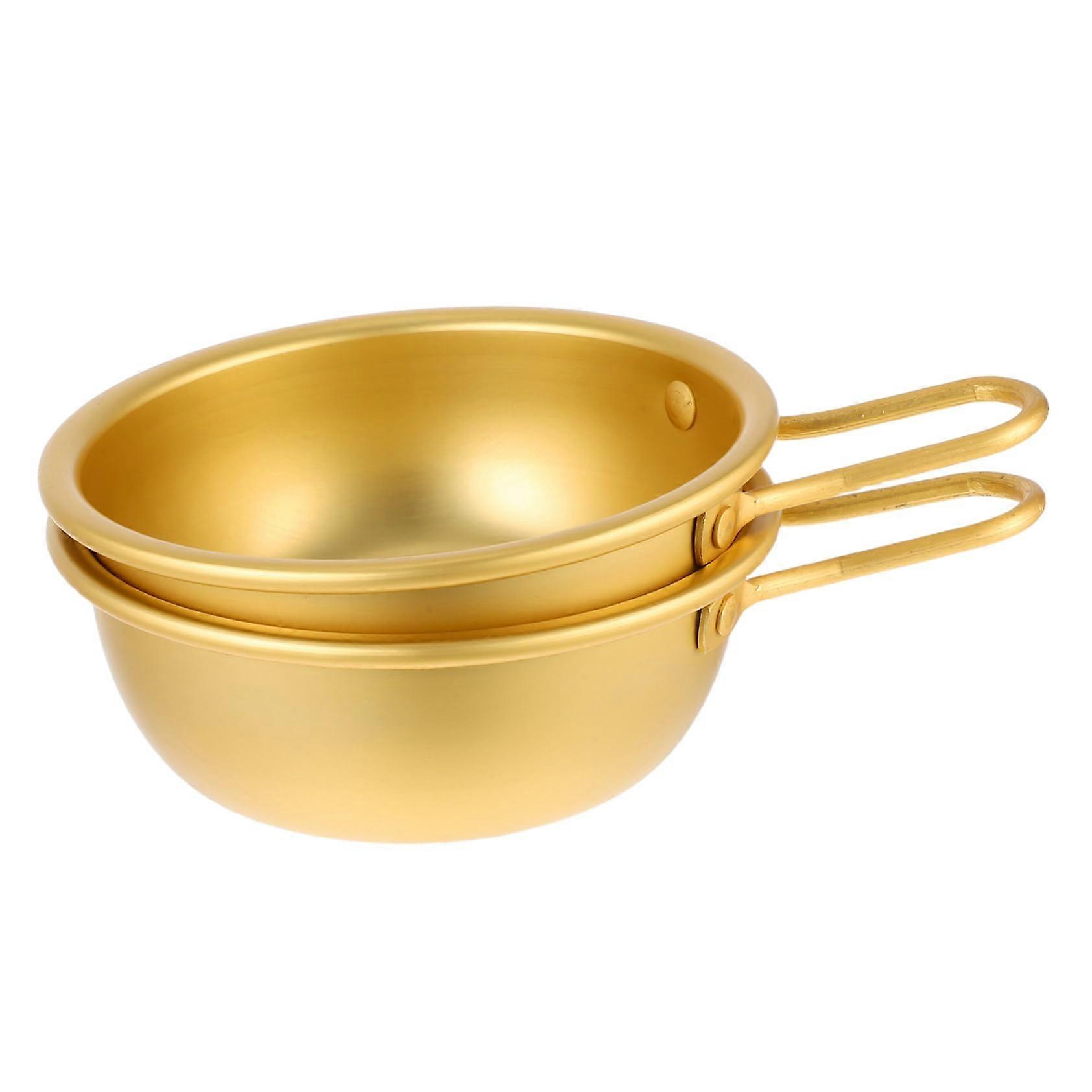 Korean Style Rice Wine Bowls Set of 2, Aluminum Soup Bowls with Handle, Golden Camping Dishware for Soup and Sauce