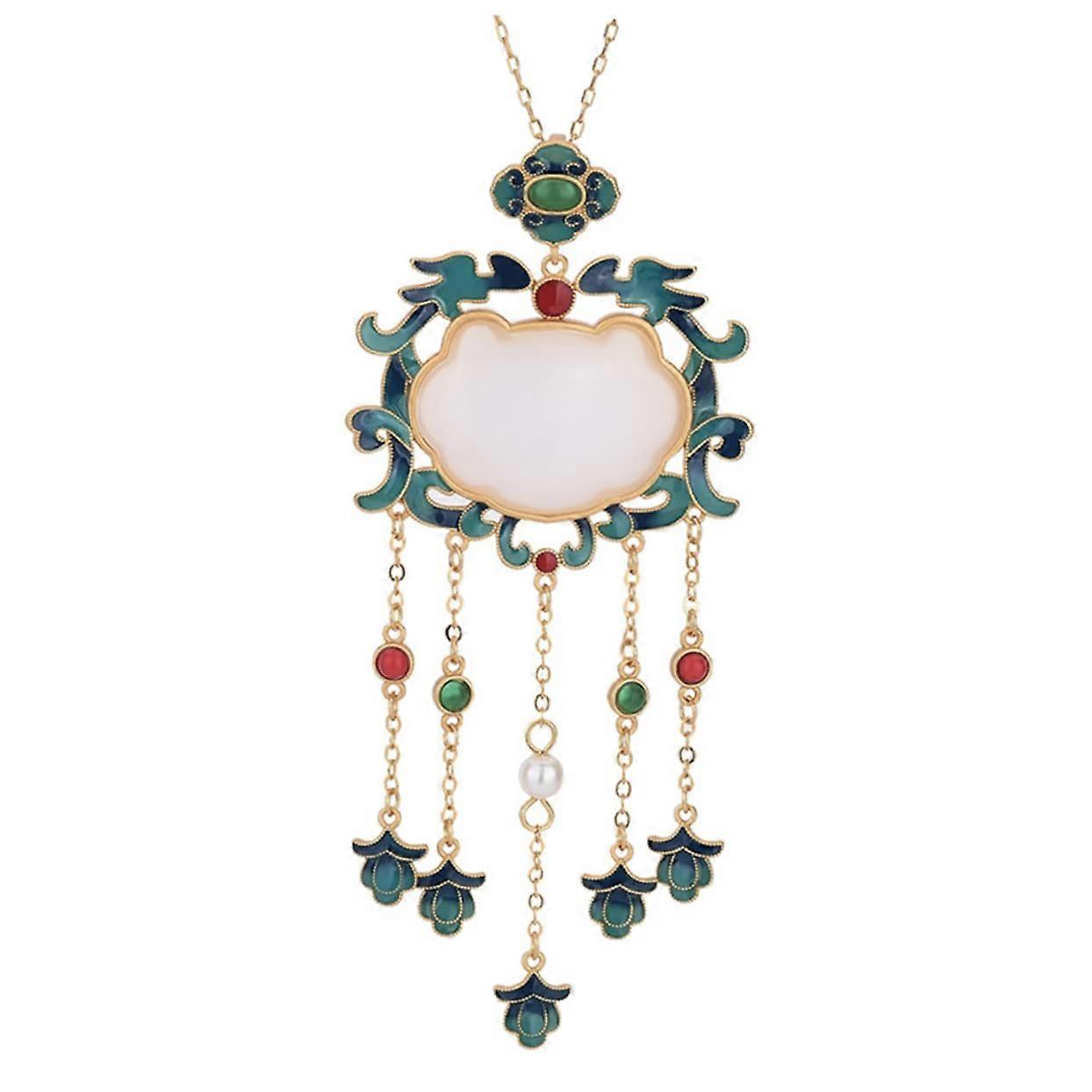 Email Painted Pendant Necklace for Retro Pendant Chain Lock Chains Synthetic Jade 5.5X3X0.2CM