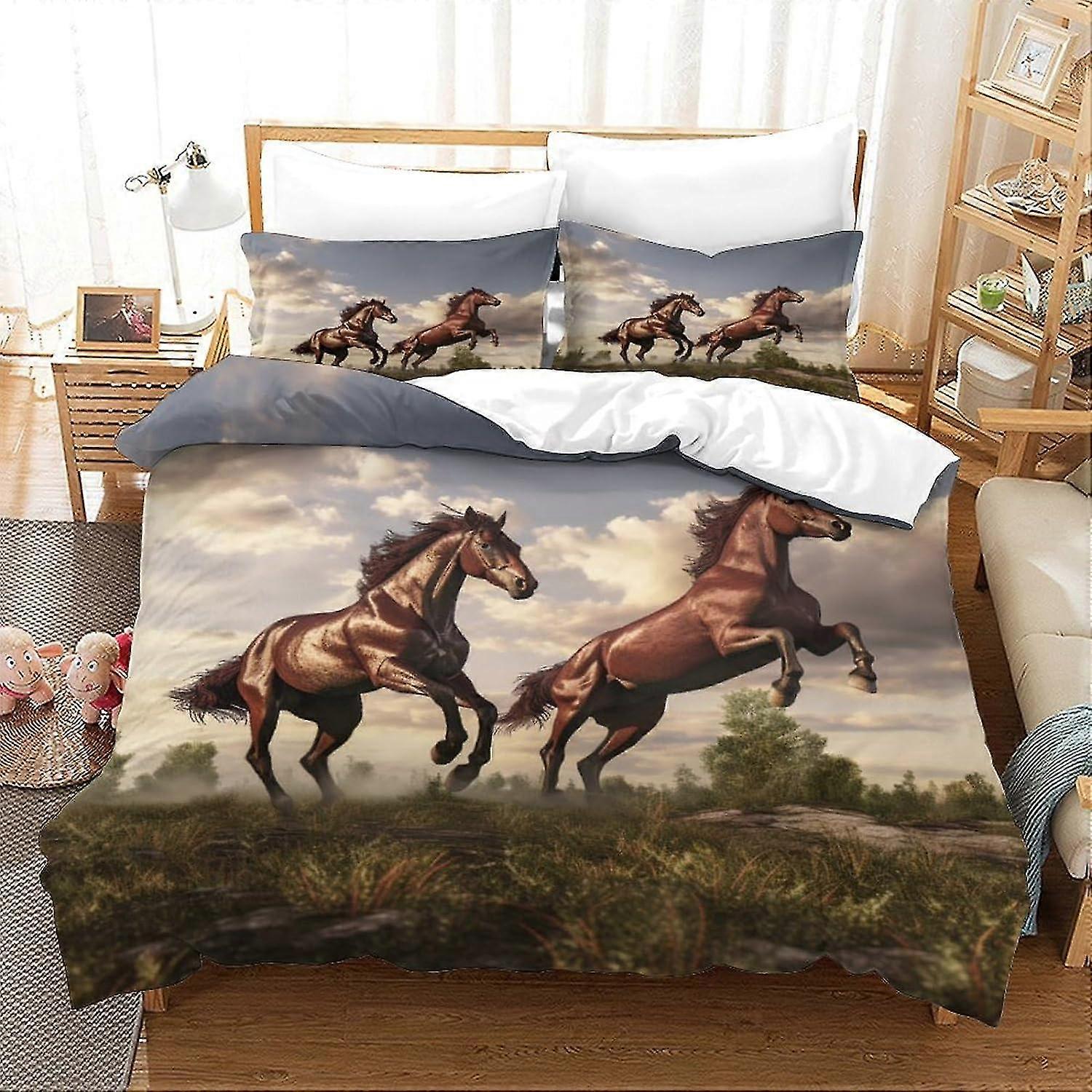 hest strøelse sæt 3d hoppe dynebetræk, blødt 100% mikrofiber sengesæt 3stk, print enkelt dobbelt king size dynebetræk med pudebetræk