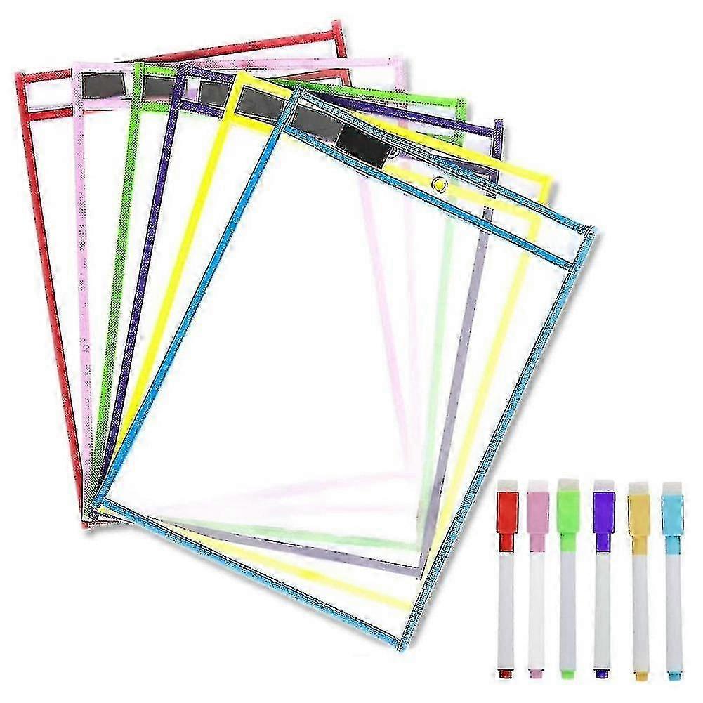 Reusable Dry Erase Pockets, 6 Pack Reusable Dry Erase Sleeves, Color Sheet Protector