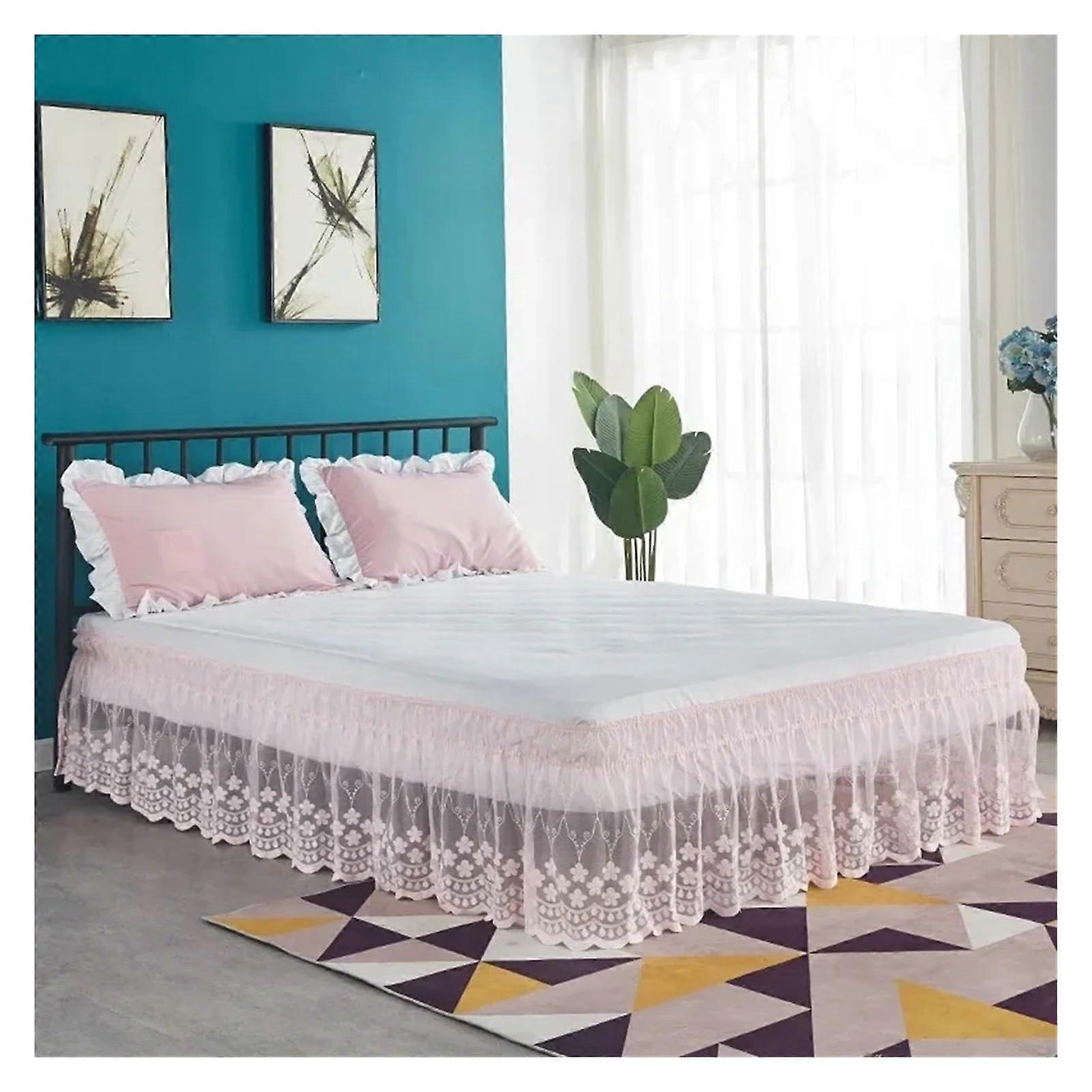 Pink Twin 90x190x45cm Elastic Ruffled Bed Skirt with Lace, 18Inch WrapAround Bed Skirt for Daily Use (No Surface)