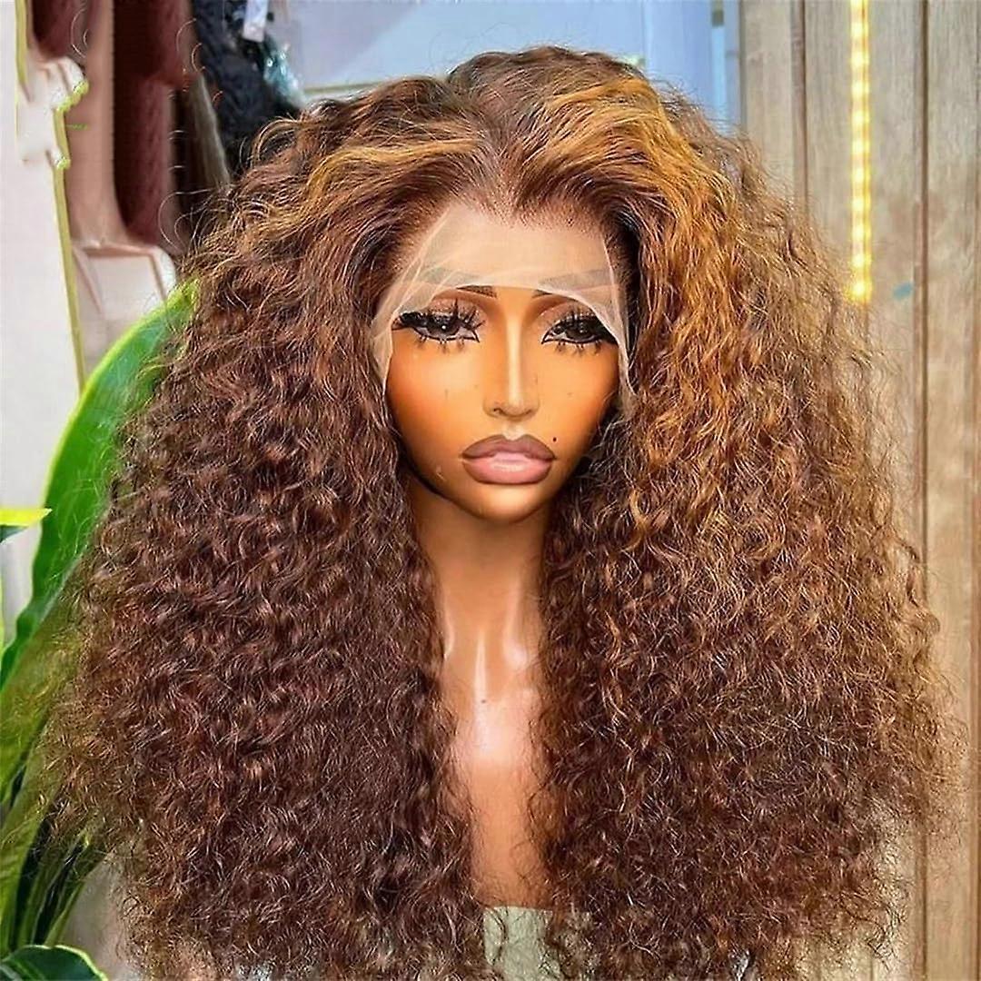 Lace Front Wig Honey Brown Highlighted Deep Wave 24 Inch Glueless Real Hair Bob for Women 13x4 Lace Closure