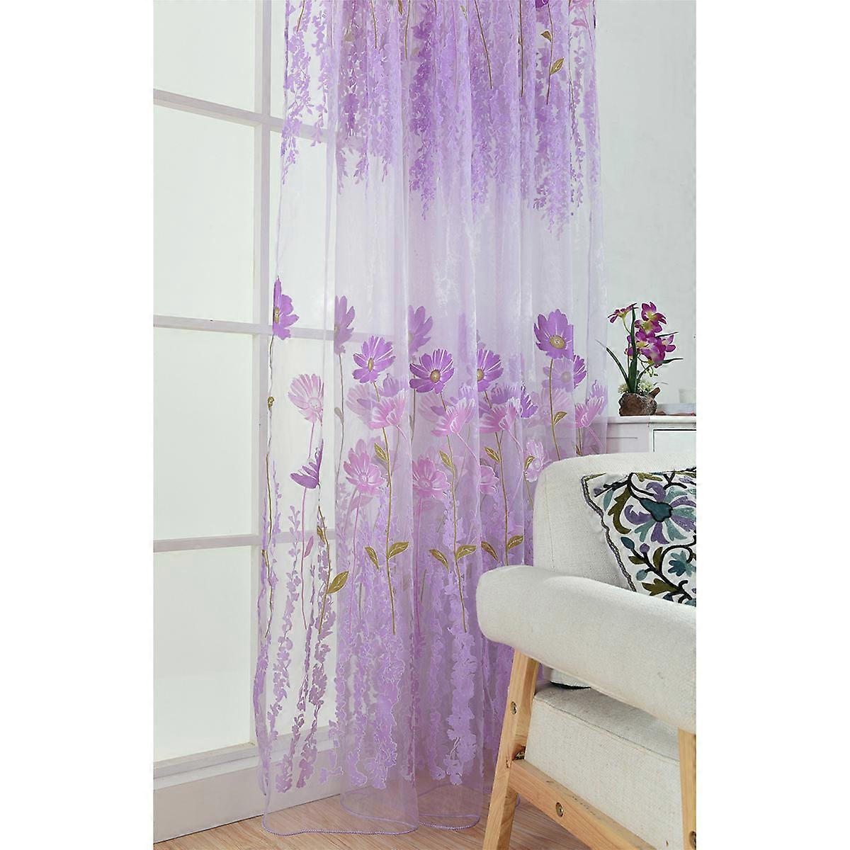 Sheer Embroidered Curtains Flower Sheer Curtains Voile Sheer Curtain Purple 200x100cm Home Decoration 1Pcs