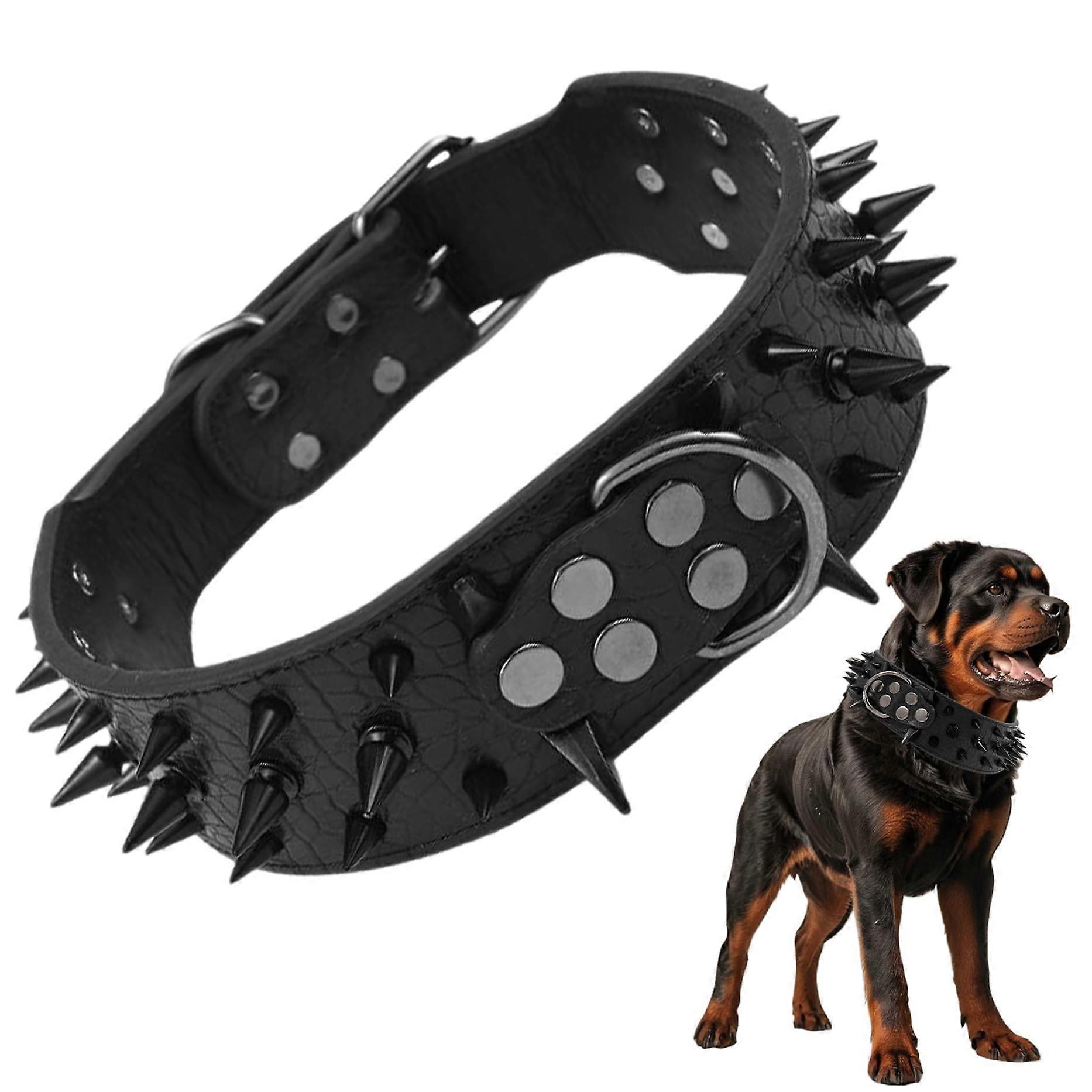 Spiked dog collar 18.521.7 inches, adjustable leather dog collar with Dring, antibiting for mediumsized dogs.