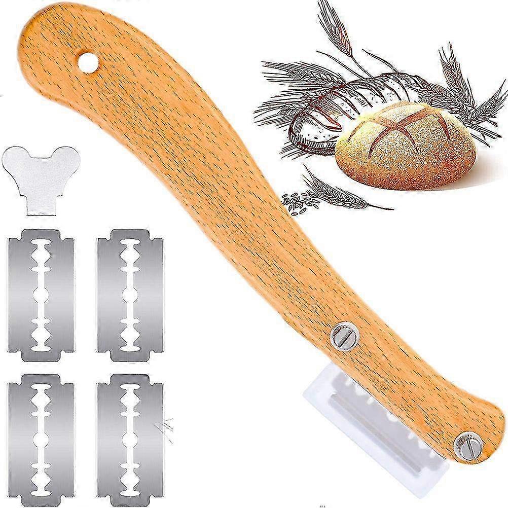 Bread Scoring Tool with Wooden Handle & Dough Cutter - 5 Replaceable Blades for Artisan Bread Making Accessories