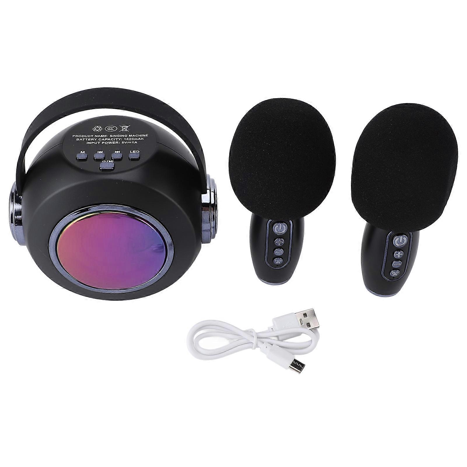 Bluetooth Mics Speaker Set with Colourful Light Effect Noise Reduction Support 32G Memory Card Wireless Karaoke Machine Black Dual Mic