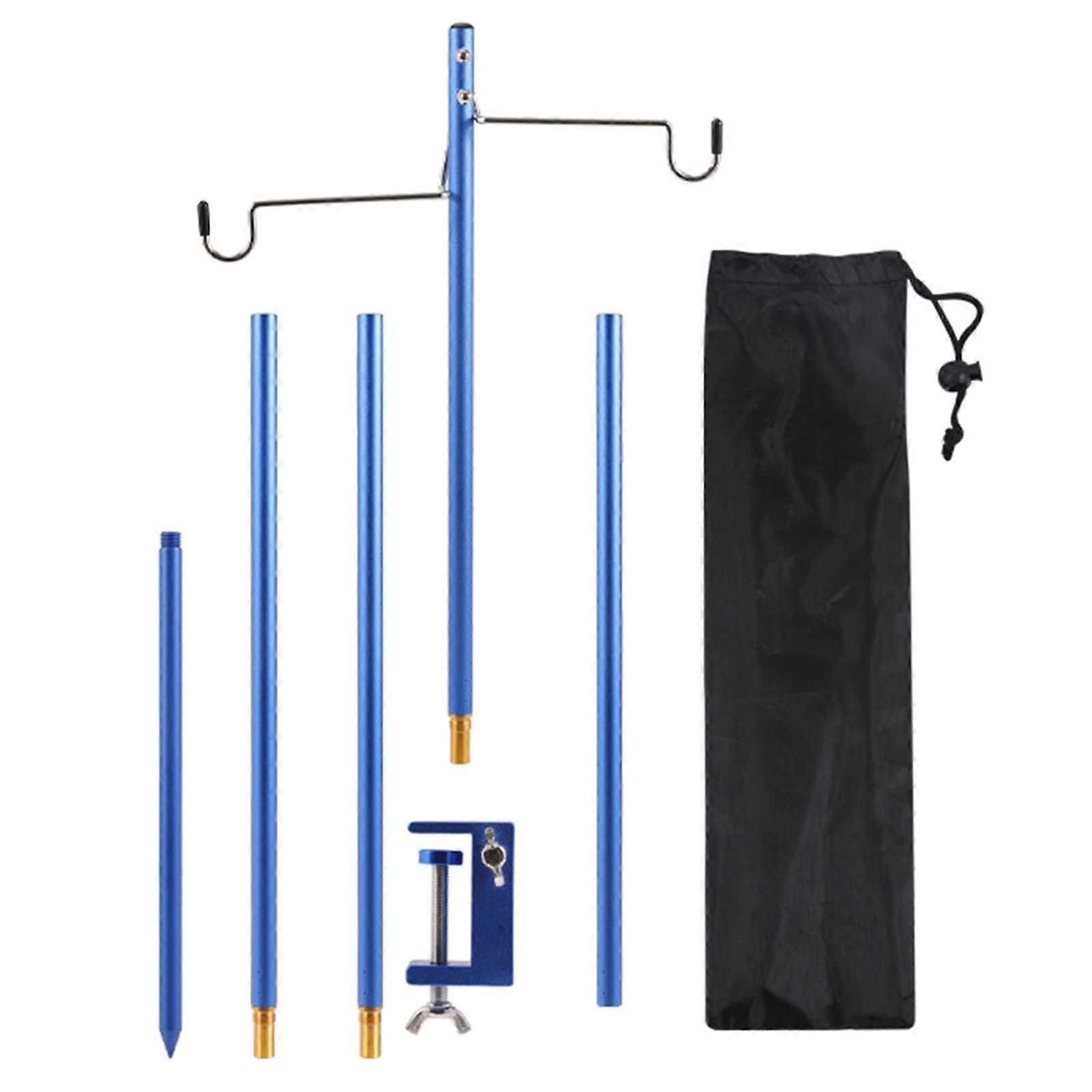 Camping light stand, detachable aluminum alloy, light hanger with double hooks, portable, foldable light holder, durable blue