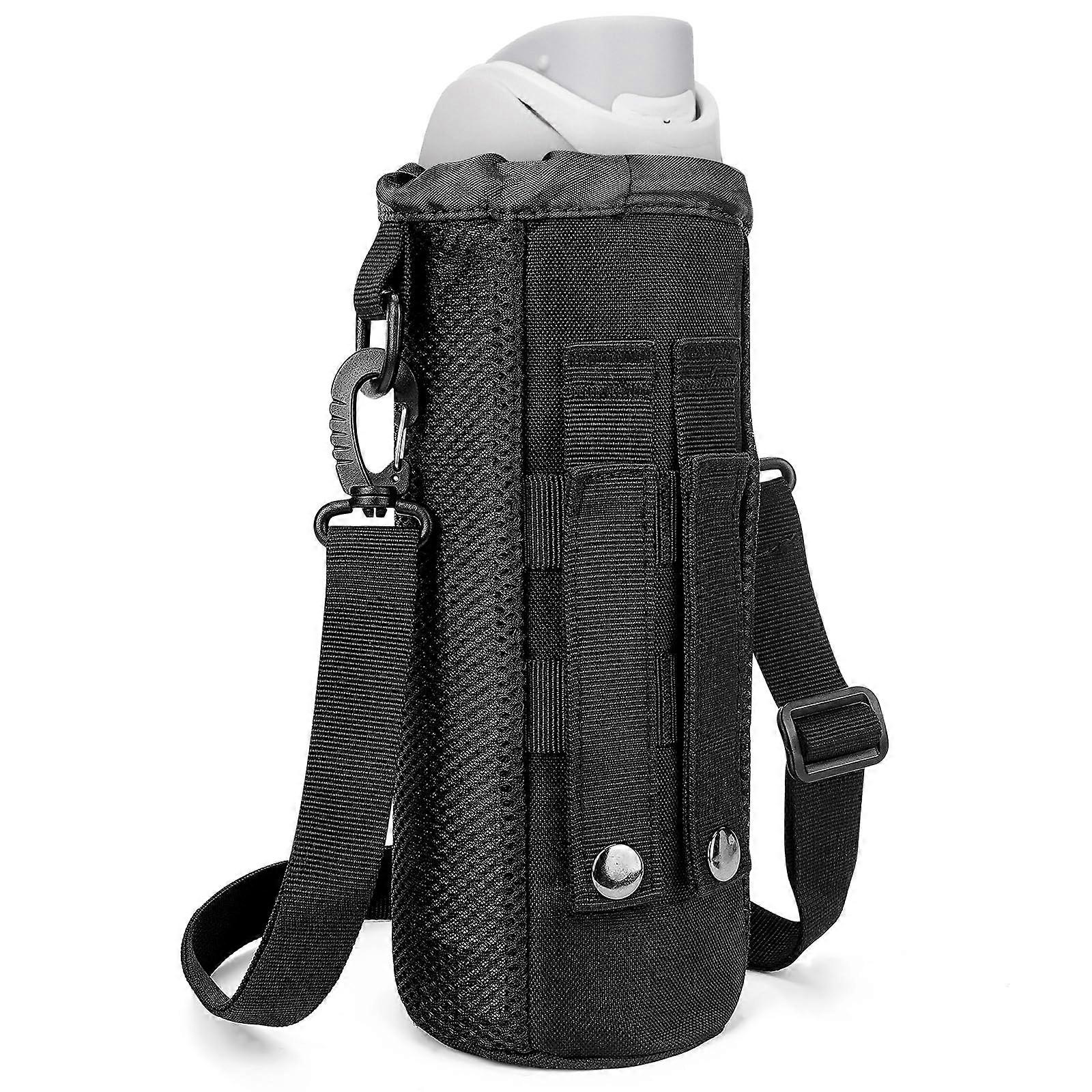 MOLLE Drawstring Water Bottle Holder For Owala FreeSip 32/1.2L And Nalgene Sustain Wide Mouth 1.4L Shoulder Strap Black