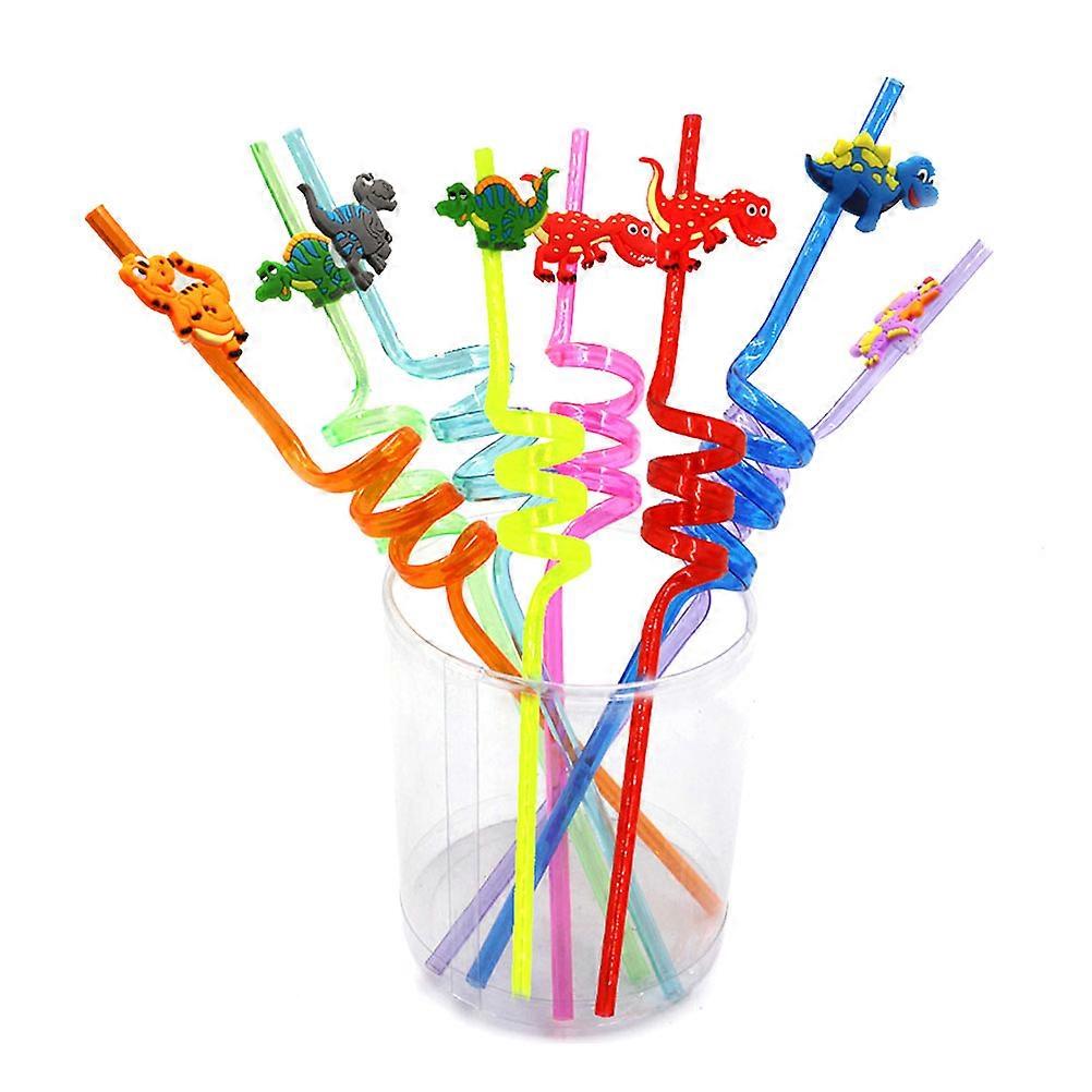 Colorful Drinking Straws with Small Dinosaur Design for Birthday Party Supplies 8 Pieces Assorted Colors