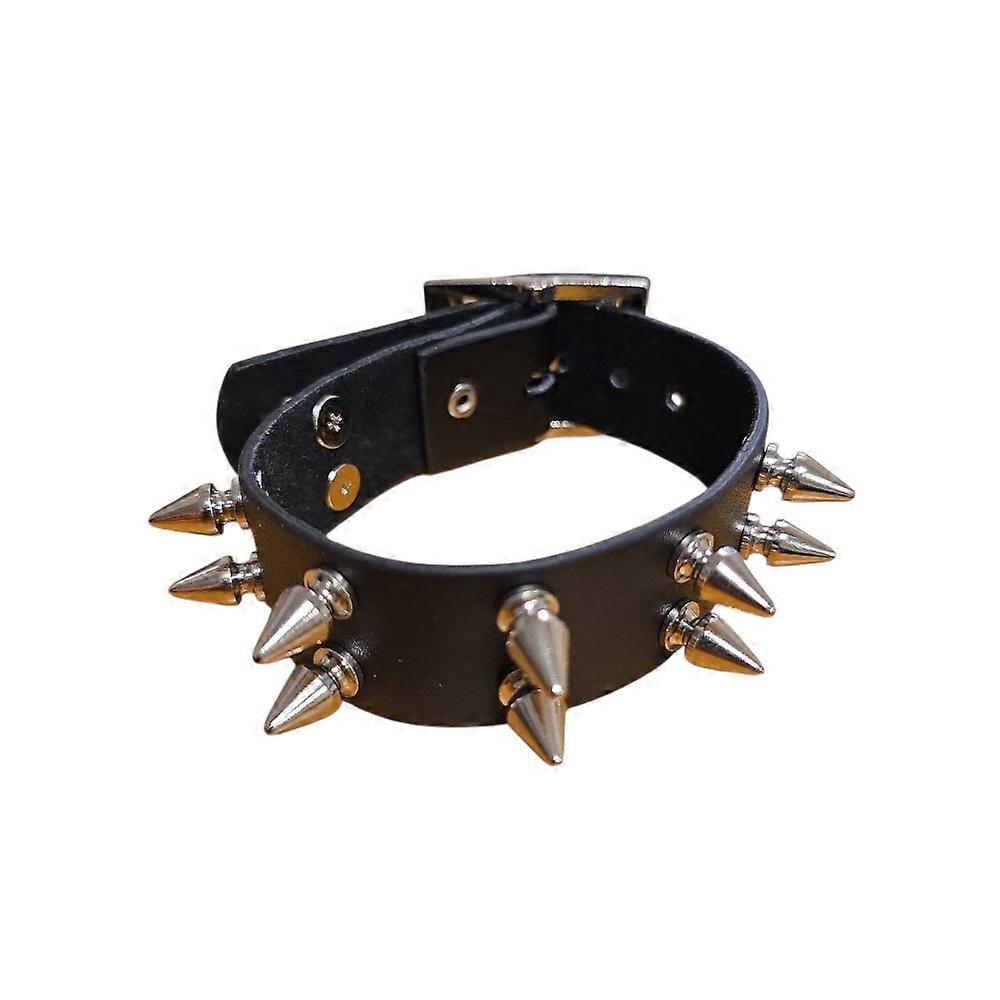 Black leather bracelet with double rows of cone-shaped spikes