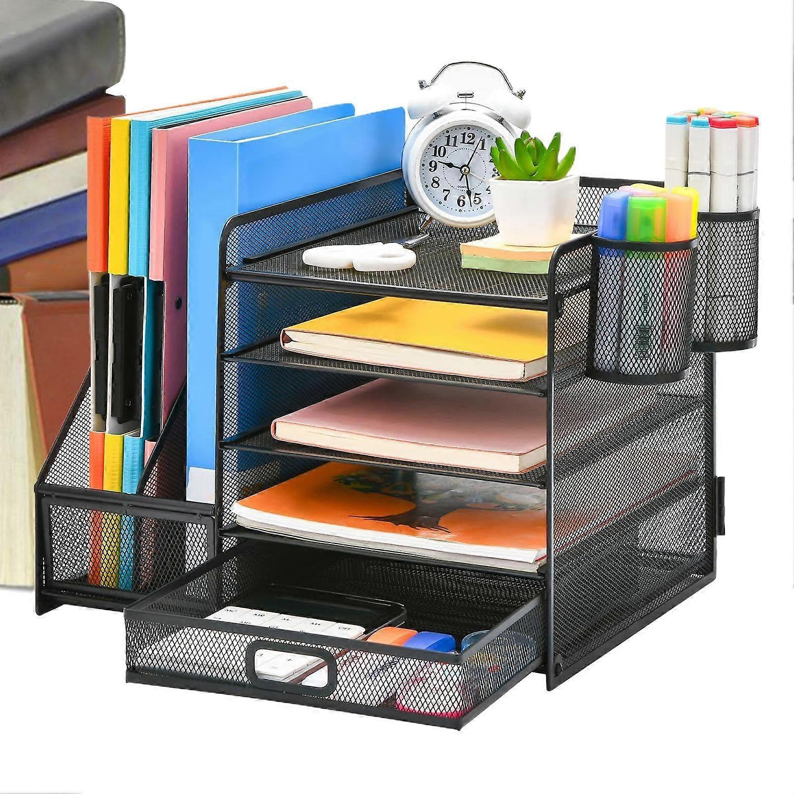Desk Organizer with Drawers, Metal Mesh File Organizer Rack - Non-Slip Office Supply Storage for Home and Office