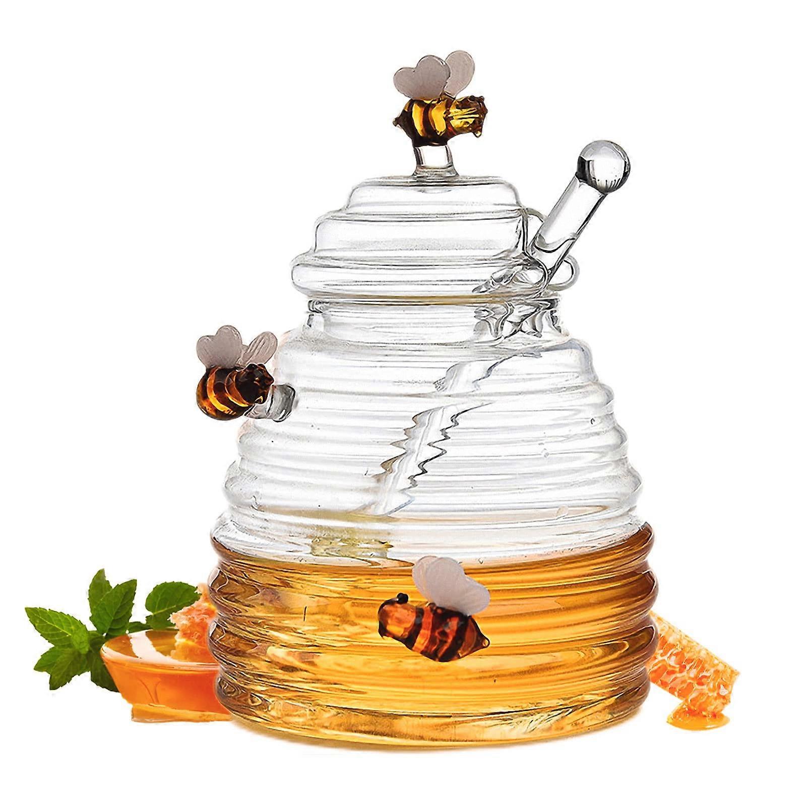 Glass Honey Jar with Spoon and Lid, Syrup Dispenser, Beautiful Honeycomb Jar with Dipper, Transparent