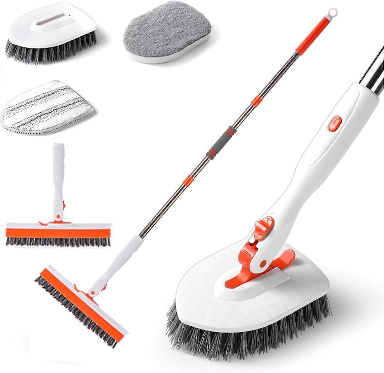 4-in-1 Bathroom Tile Tub Scrubber with 133cm Adjustable Handle, V-Shaped Grout Brush, and 3 Replacement Heads for Cleaning Floors and Walls