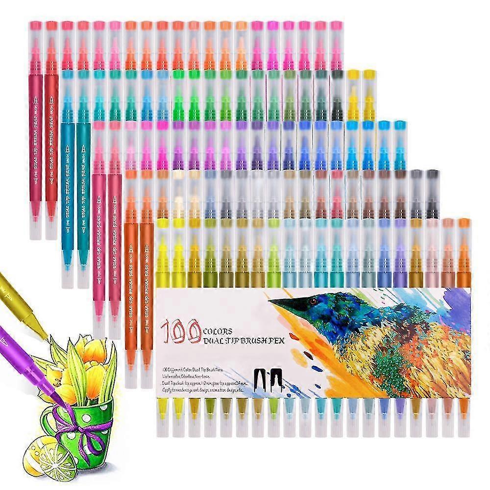 100 Color Dual Brush Pen Set, Artistic Watercolor Markers With Double Sided Tips, Bright And Vivid
