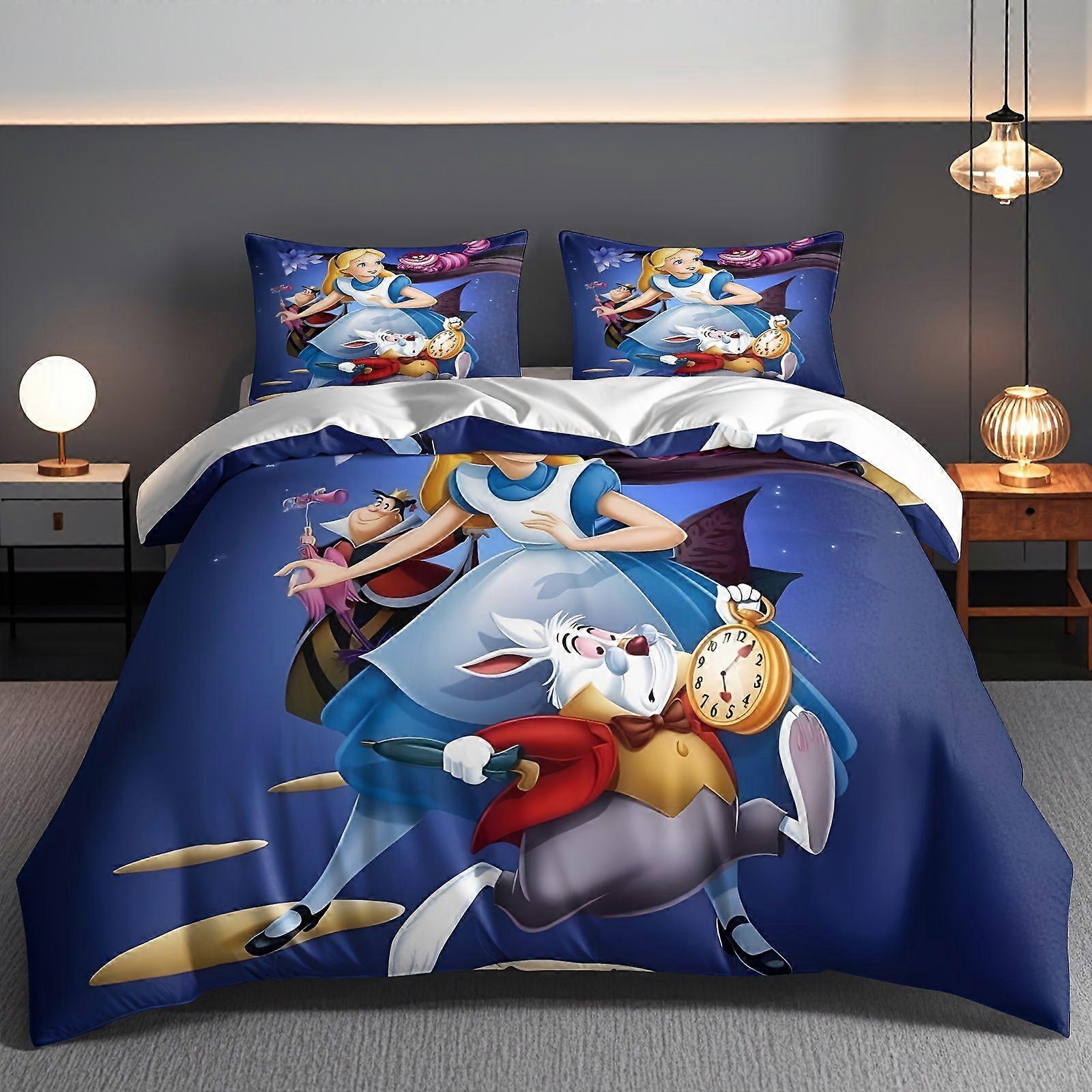 TE967 3pcs Alice in Wonderland Cartoon Patterned Bedding Sets, Quilt Covers And Pillowcases Lightweight And Warm Use Apartment Bedroom D