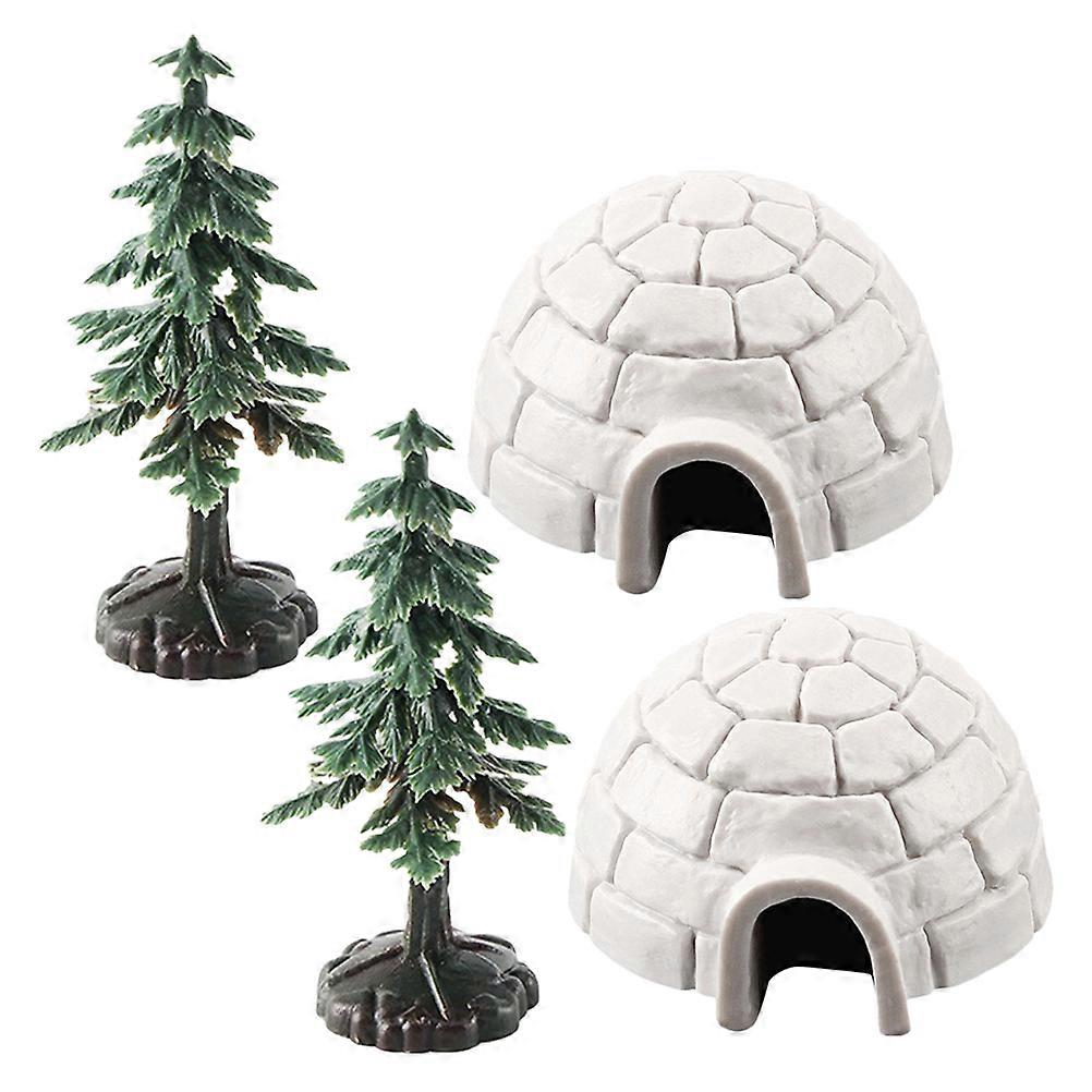 Decorative Ice House Model 5Sets with Plastic Mini Christmas Trees for Decor
