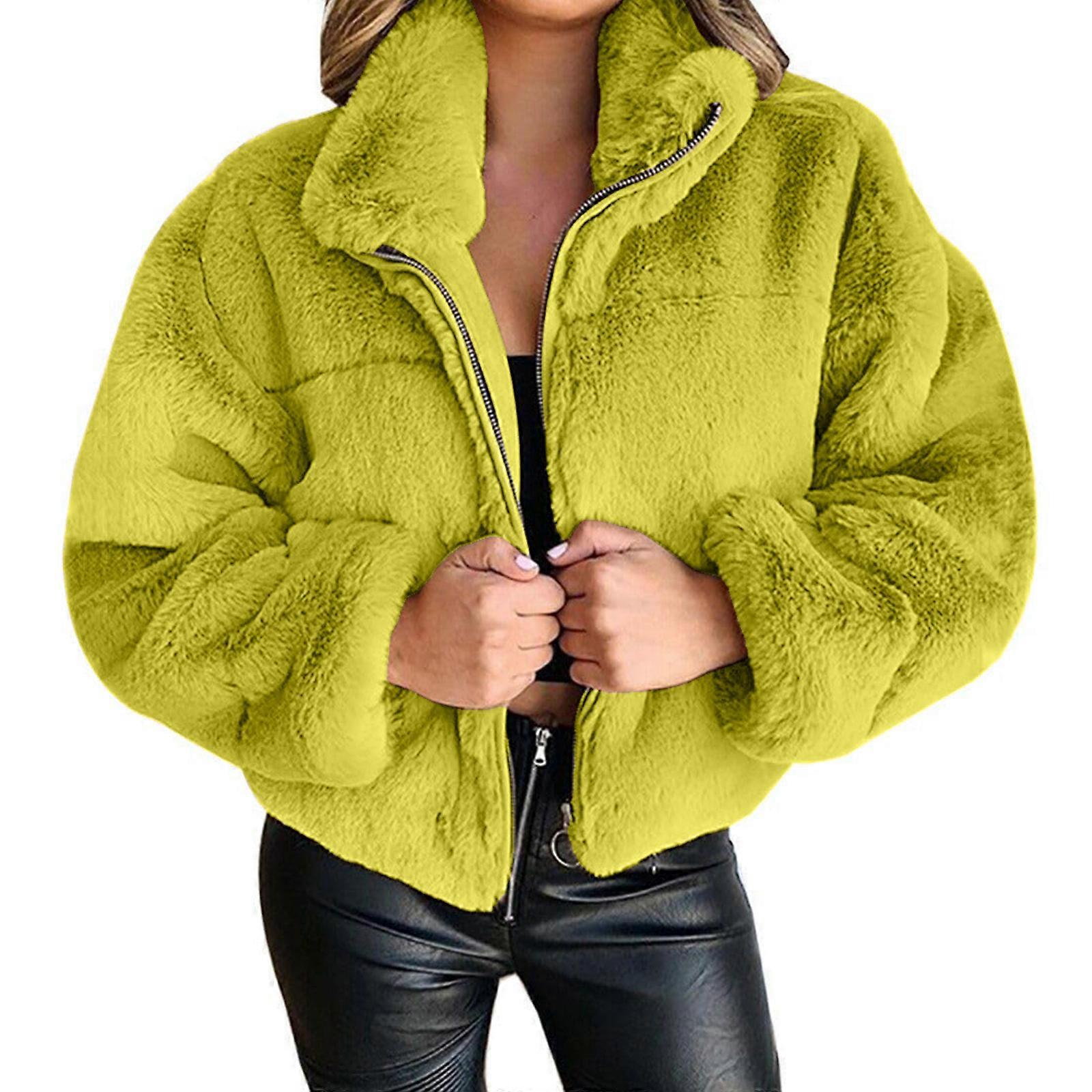 Women's Winter Warm Puffy Short Coat Lapel Zipper Fleece Jacket Coat with Pockets  Yellow XL