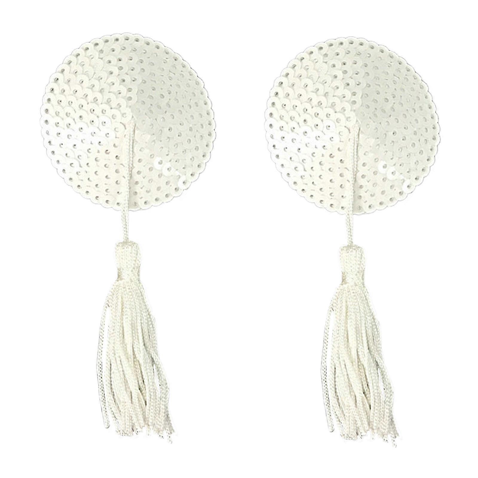 Cache-tétons à paillettes pour femmes, cache-tétons avec pompons, bijoux de corps, soutiens-gorge adhésifs réutilisables, coussinets adhésifs pour la poitrine, paillettes blanches rondes