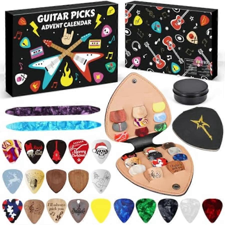 2025-26 Christmas Guitar Picks Advent Calendar,24-Day Countdown with 20 Celluloid & Wood Picks in Multiple Gauges 