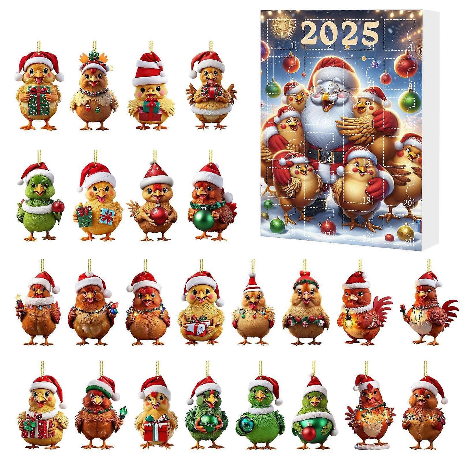 Chicken Advent Calendar 2025 with 24 Santa Hat Ornaments for Christmas Tree and Family Countdown