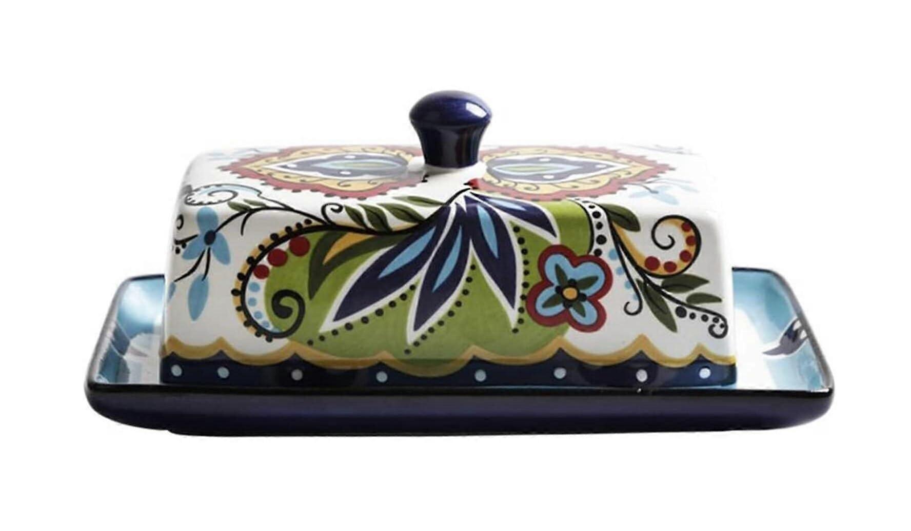 Ceramic Butter Dish with Floral Lid for Countertop, Elegant Durable Butter Keeper for Kitchen