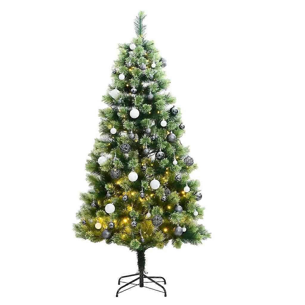 70.9in Prelit Hinged Artificial Christmas Tree with 300 LED Lights and 80 Ornaments for Indoor Use