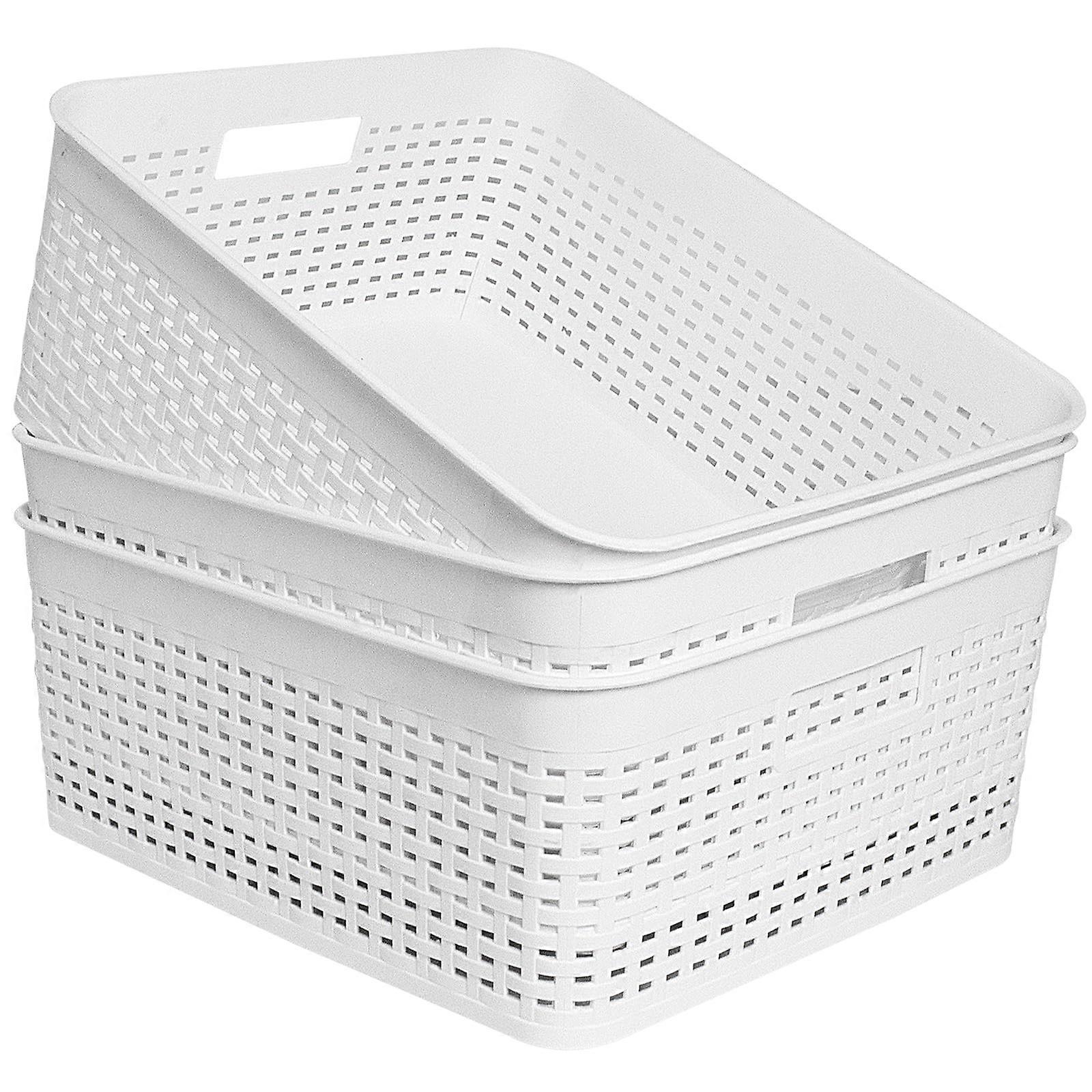 Plastic Storage Baskets with Handles for Cabinets Pantry, Stackable Organizer Bins White L3 Pack