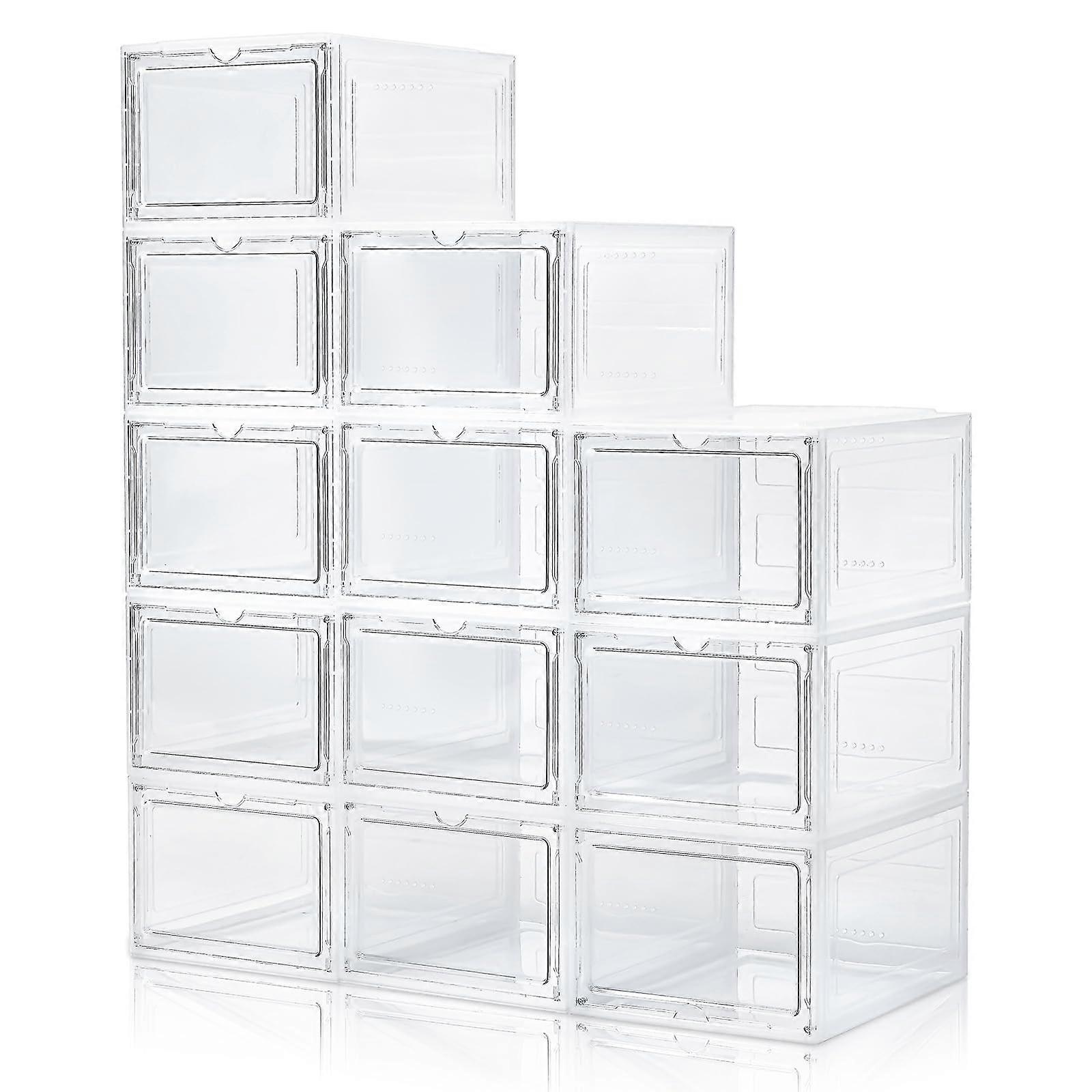 Clear Shoe Storage Boxes 12 Pack with Magnetic Lock Door, Stackable Sneaker Organizer Fits US13