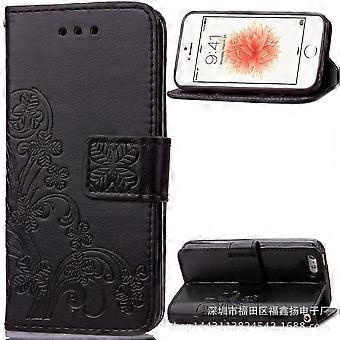 Case For Iphone 13 Mini Black Four-leaf Clover Embossed Card Slot Wallet Leather No6668