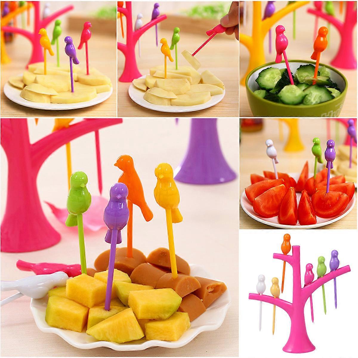 Bird Fork for Party 6Pcs with Tree Shaped Holder Rosy