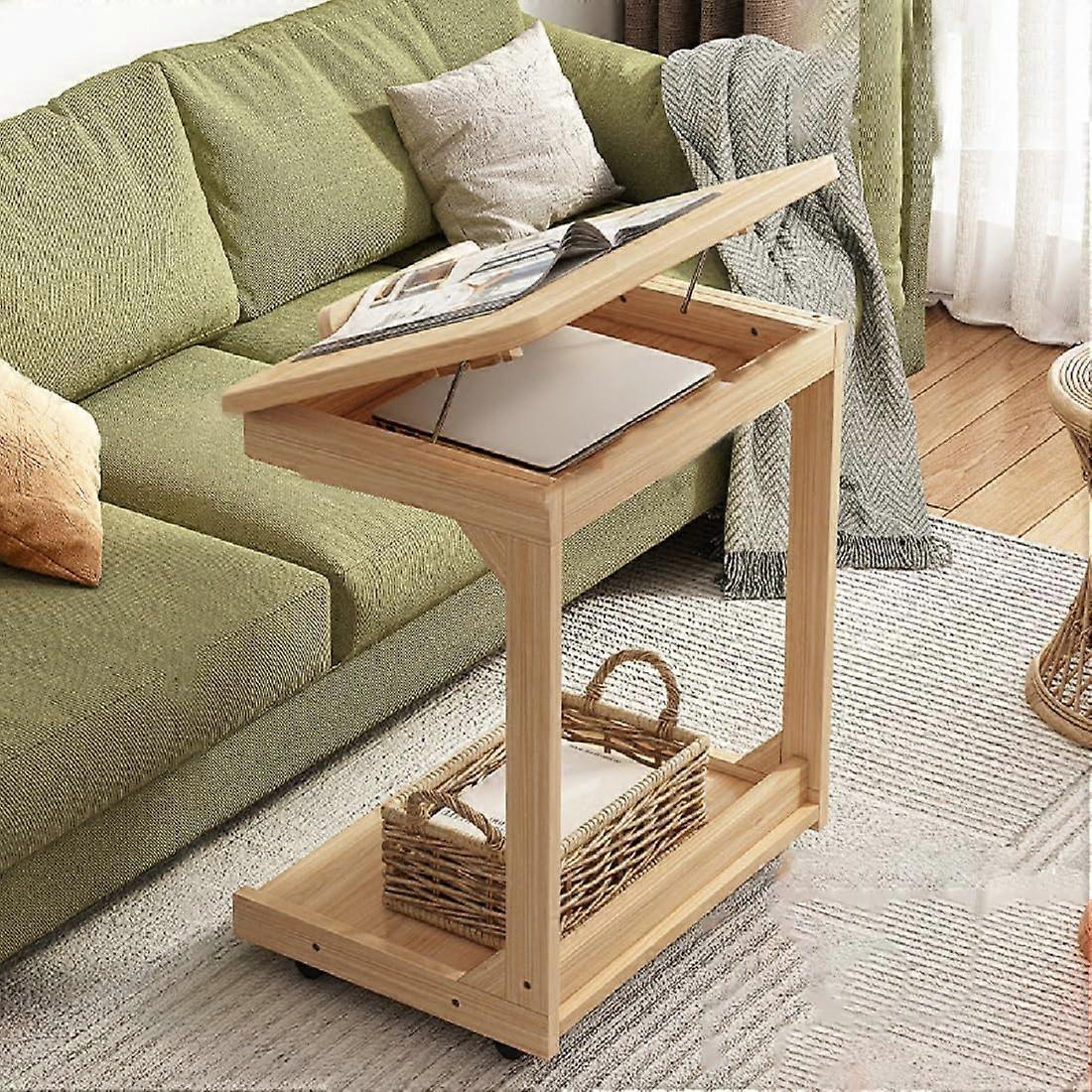 C Shaped Side Table with Adjustable Tilt Desktop, Rolling End Table with Storage for Sofa or Bed