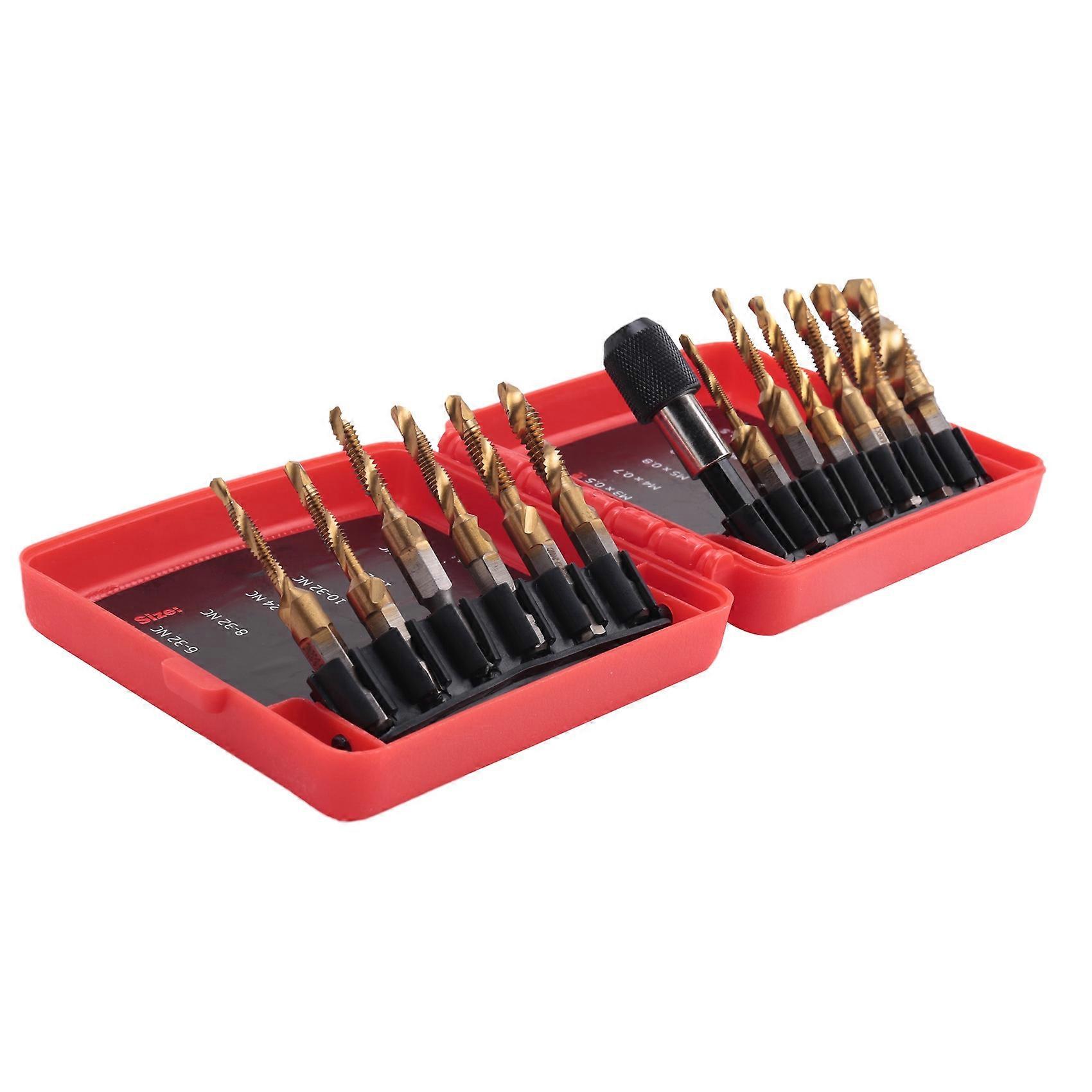 Combination Drill Tap Bit Set – 13-Piece SAE (6-32NC To 1/4-20NC) & Metric (M3 To M10) – Quick Change Hex Shank, HSS TiN Coated, With Extension Bar