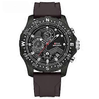 OFNS WR5BAR Men's Chronograph Watch - 50M Waterproof, Compass Bezel, Black Silicone Strap, Red Second Hand - Stylish & Functional Sports Watch