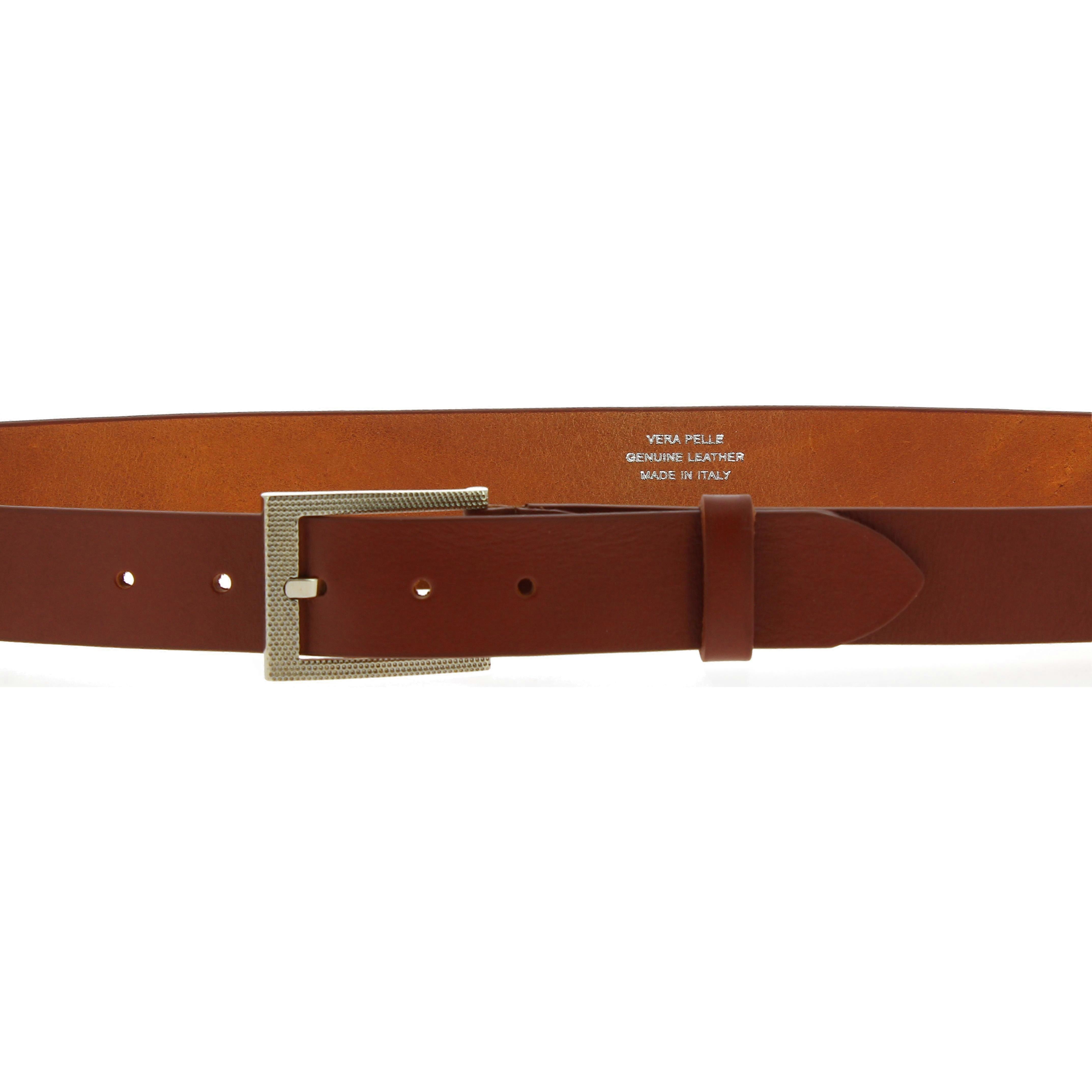 Genuine brandy leather belt with classic rectangular metal buckle