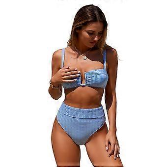Blue and white striped ribbed high-waisted bikini set with V-shaped underwire