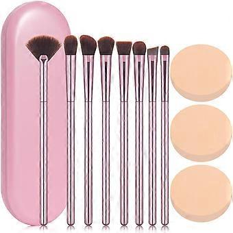 8Pcs Makeup Brushes Set Premium Eyeshadow Brush Professional Angled Eyebrow Lip With 3Pcs Powder Puffs and Pink Case 12 in 1