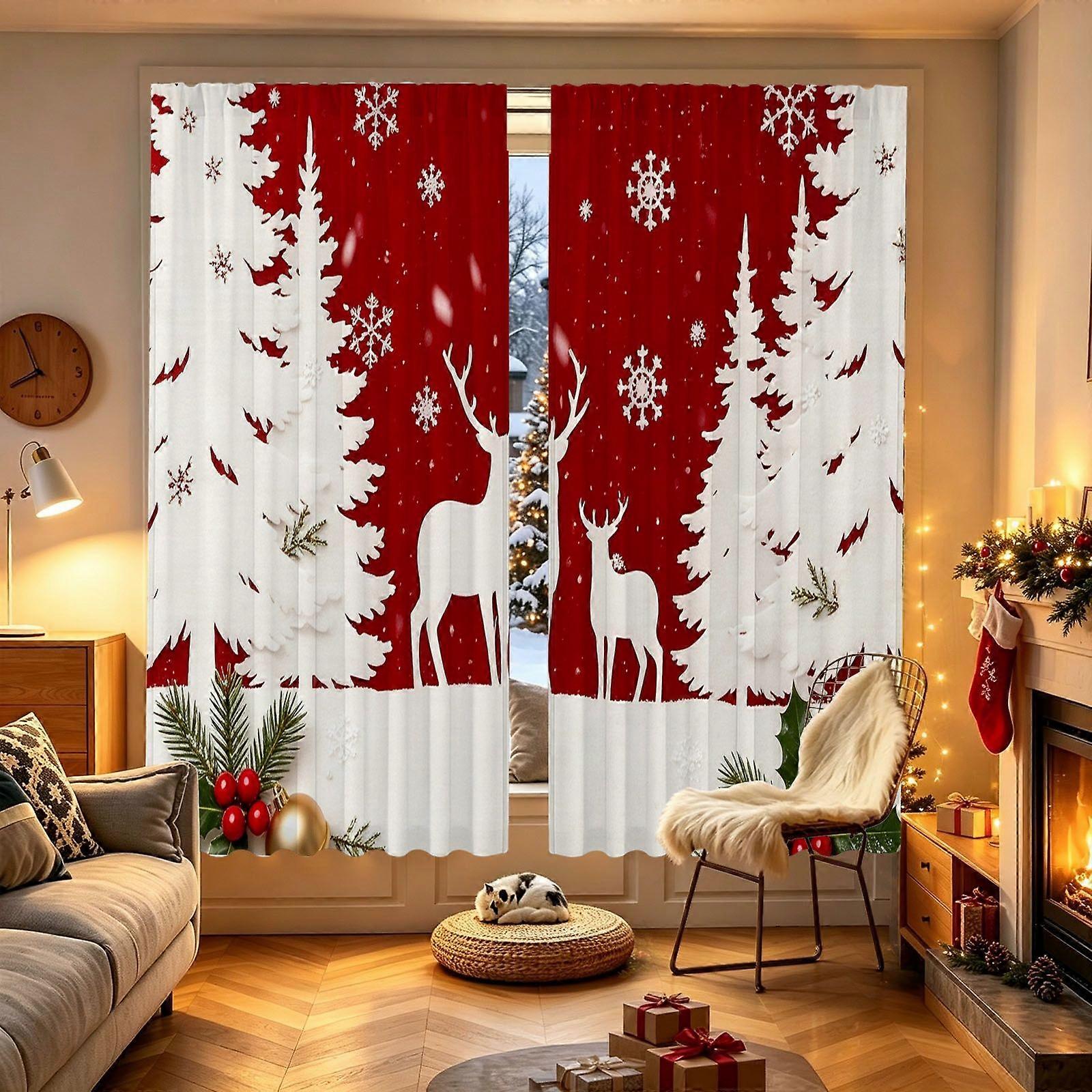 white pine forest and elk on red background Pattern Curtain