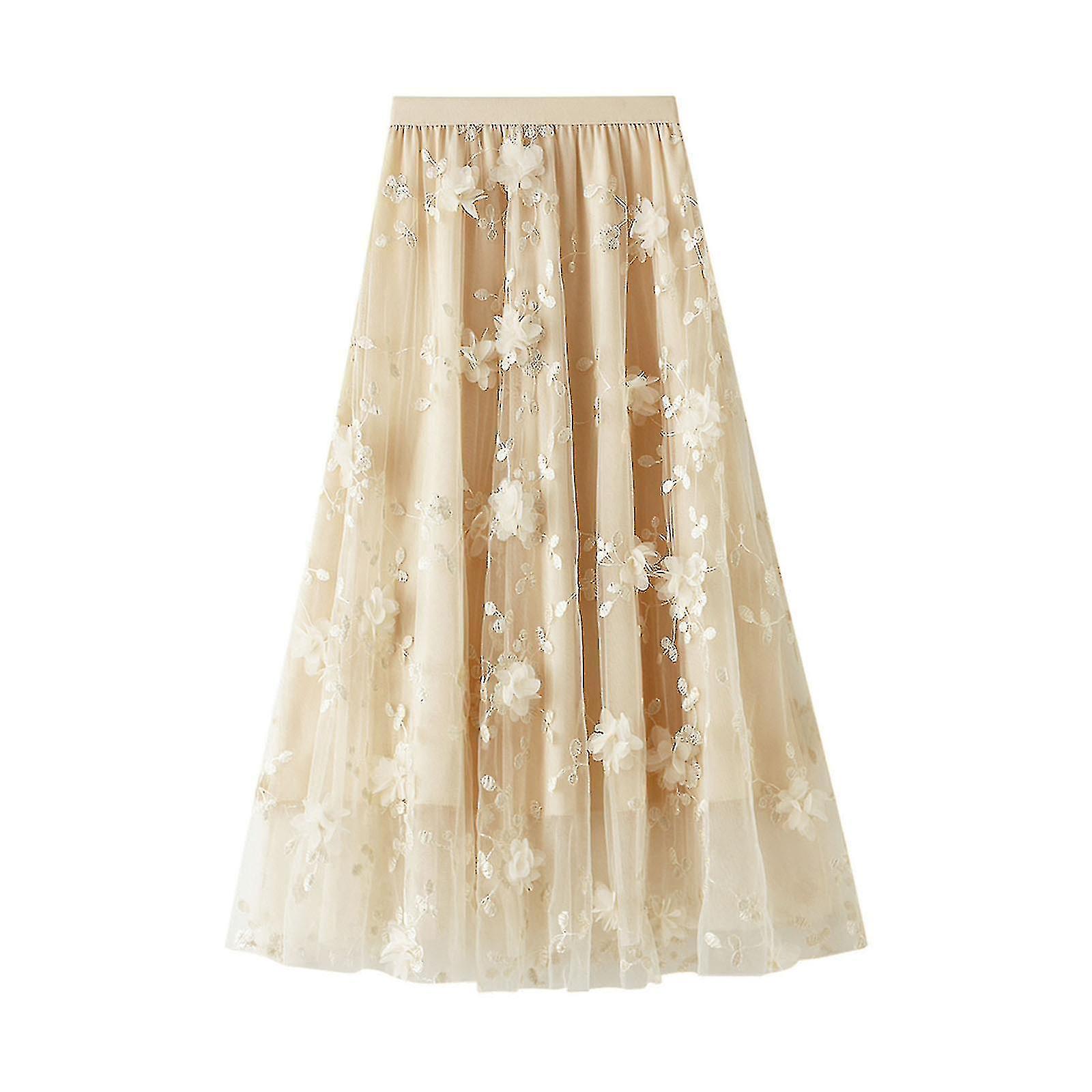 Damska długa tiulowa spódnica Tutu 3d Haft kwiatowy Jednolity kolor Siatka z wysokim stanem Midi Swing Skirt