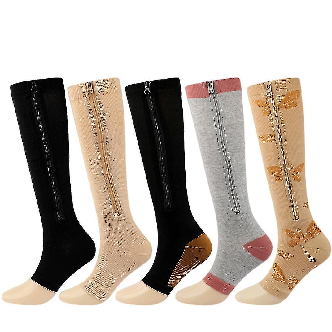 5 Pairs Of Zippered Compression Socks Sports Long Style Calf Stretch Socks