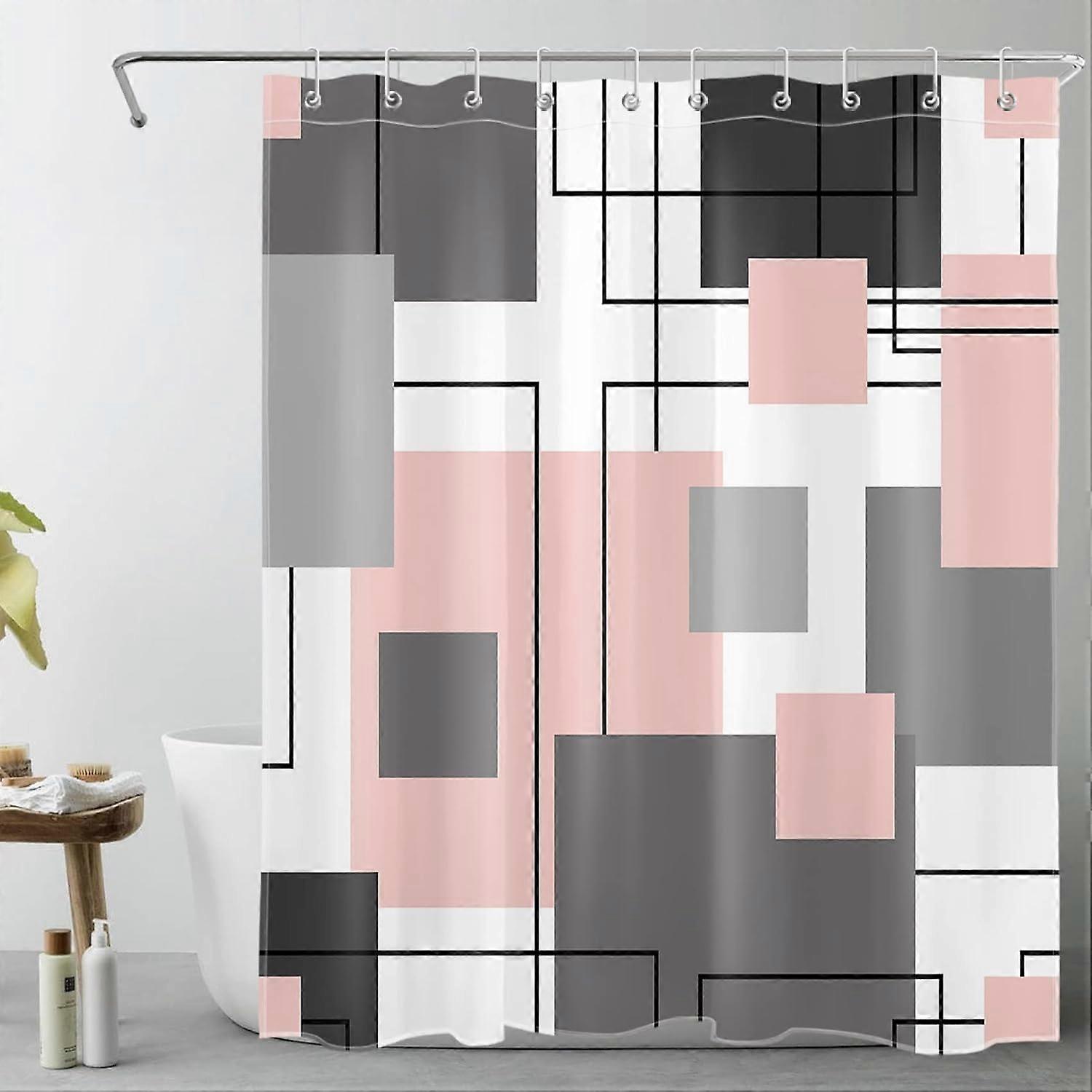 ديكور ستارة دش هندسي بالأبيض والأسود ، ستائر دش مجردة في منتصف القرن باللون الرمادي والوردي للحمام 60X72 بوصة قماش بوليستر الحمام D