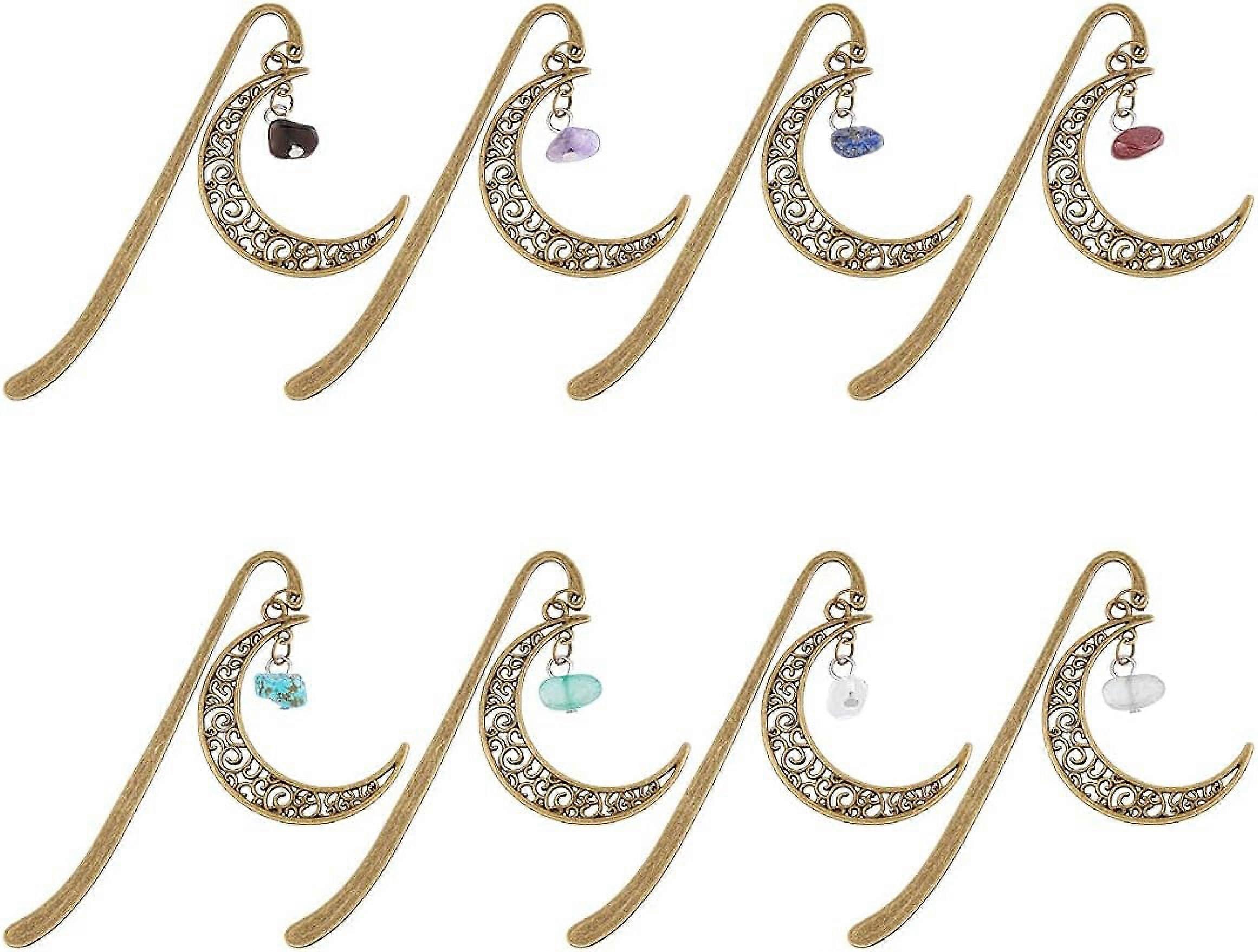 8Pcs 8 Styles Alloy Antique Bronze Bookmarks Hook Bookmarks with Moon Pendants Tibetan Style Metal Bookmarks with Bead Vintage Beading Reading Bookmar