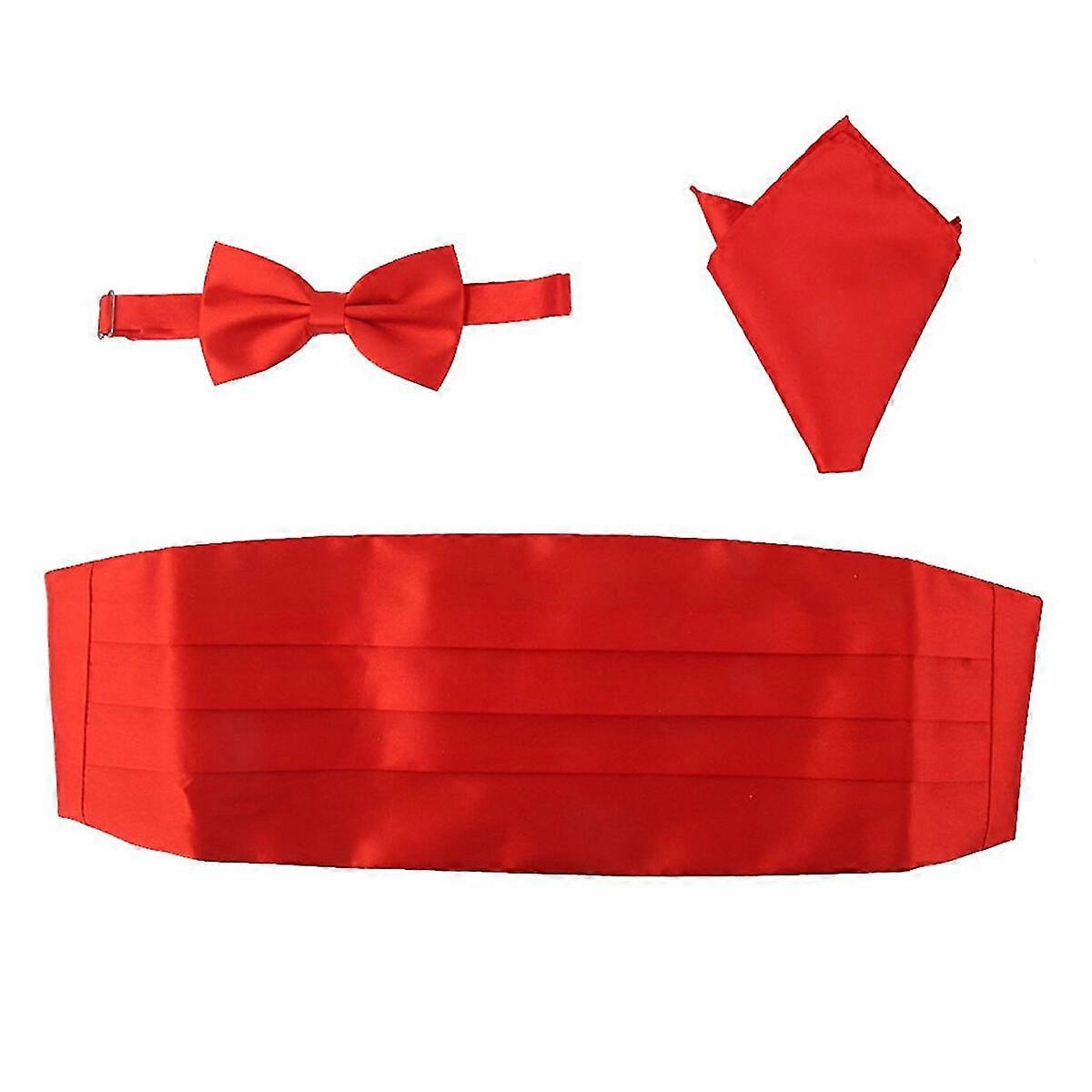 3pcs Men's Satin Bow Tie Cummerbund Hanky Handkerchief (red)