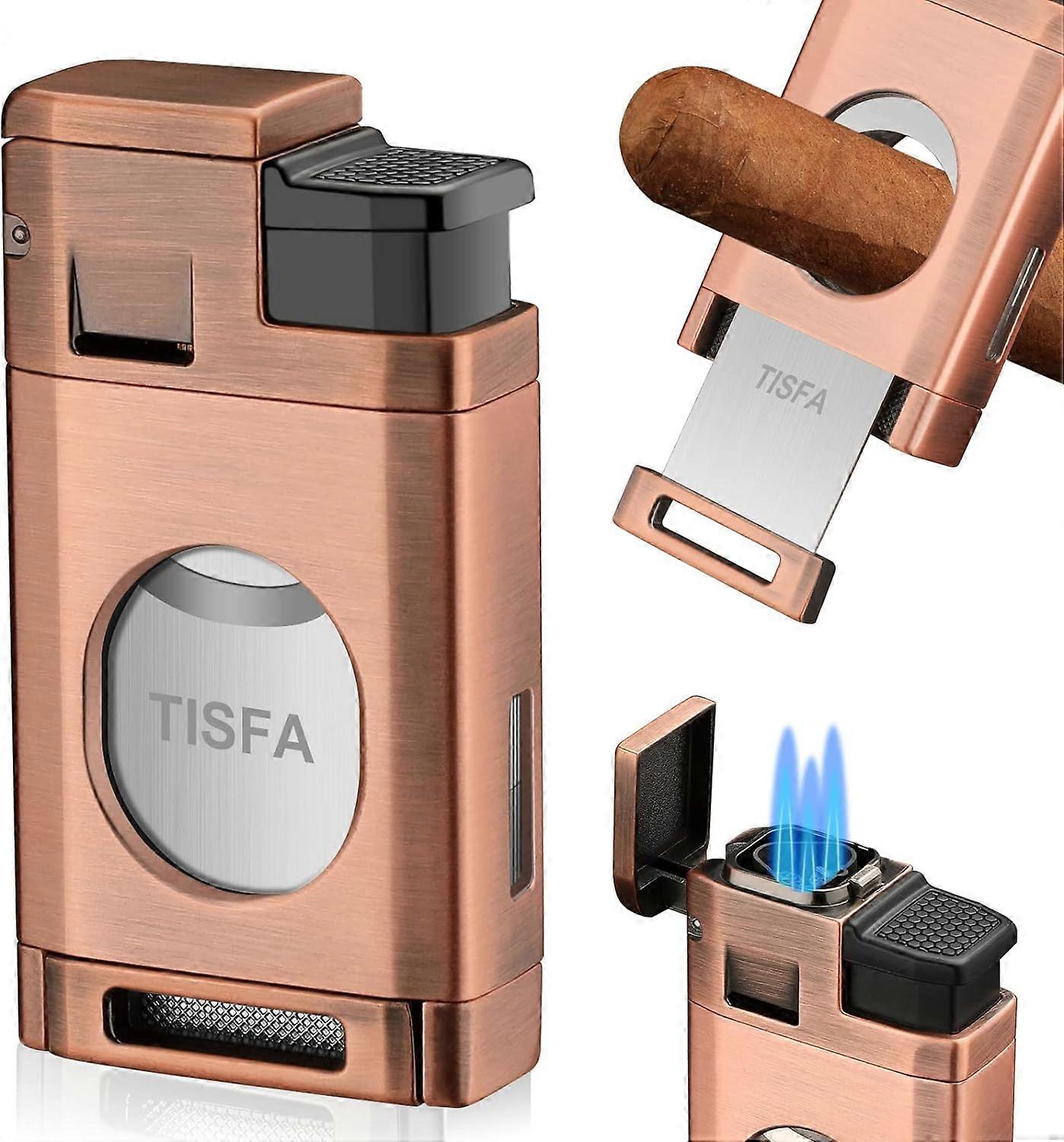 TISFA Cigar Torch Lighter, Cigar Lighter with Built in Cigar Cutter, Triple Jet Flame Butane Lighter with Visible Window, Refillable Butane Windproof 