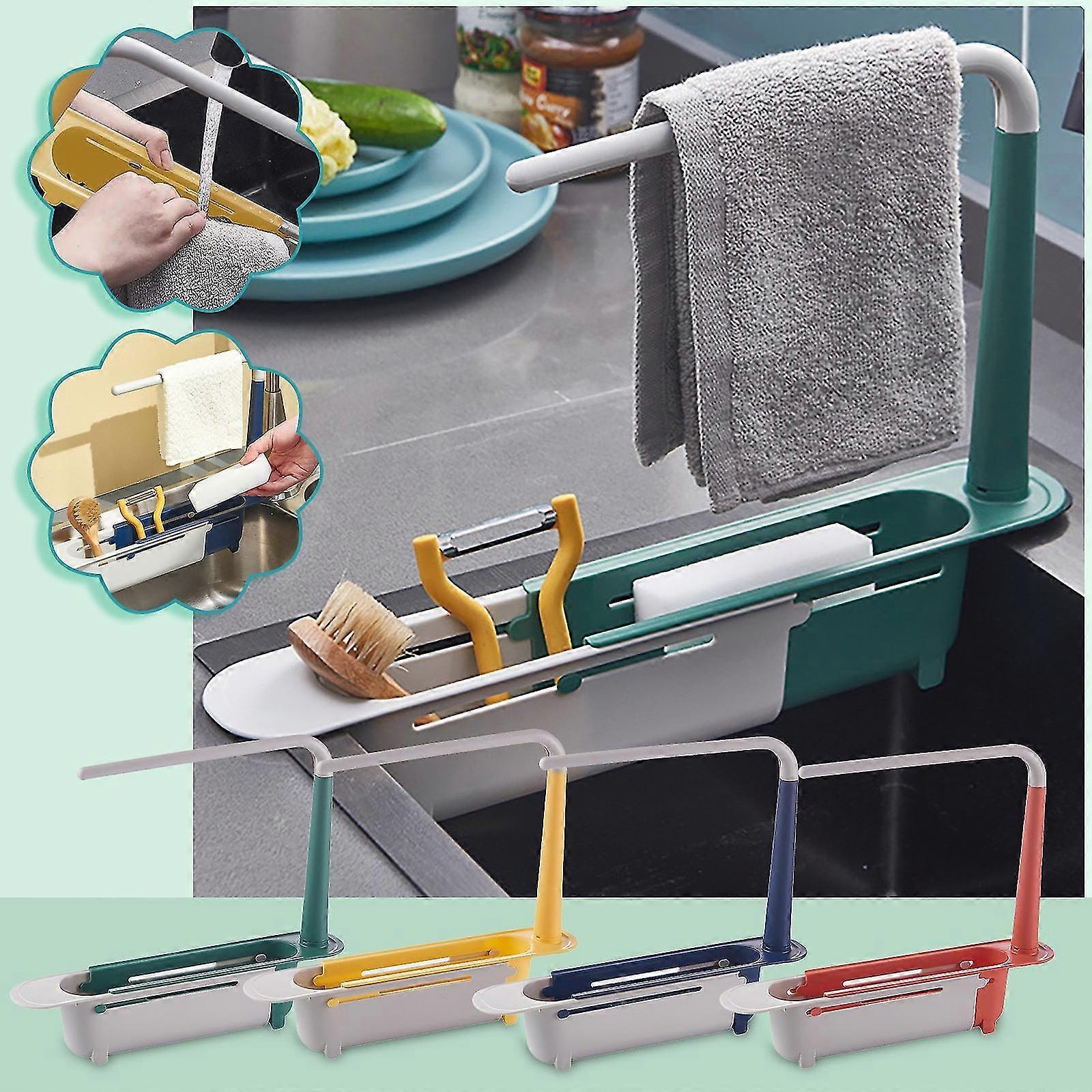 Telescopic Sink Shelf Kitchen Sinks Organizer Soap Towel Sponge Holder Drain Rack Storage Basket Gadgets Accessories