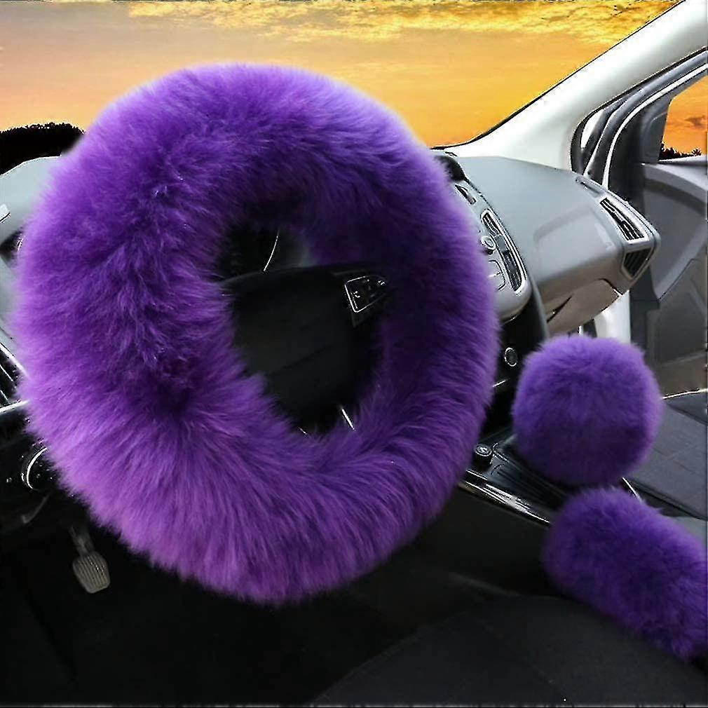 3st Set Vintermode Ullpäls Mjuk lurvig Rattöverdrag-lila Fluffig Handbromskåpa Växelspak Lock Fuzz Varm Halkfri Bilinredning