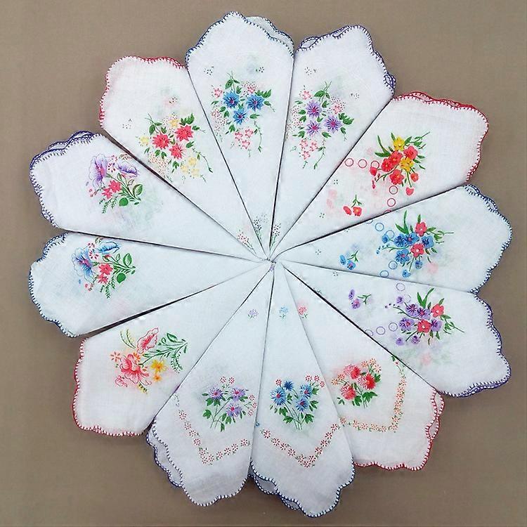 Pack of 12 Women's/Women's Fringe Print Embroidered Handkerchiefs with Satin Stripe Border, 100% Cotton