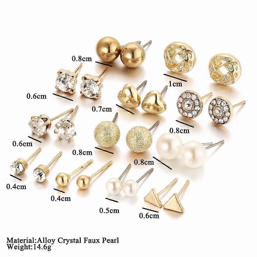 12 Pairs Golden Ear Studs Set Zircon Peach Heart Triangle Rhinestone Earrings for Daily Use