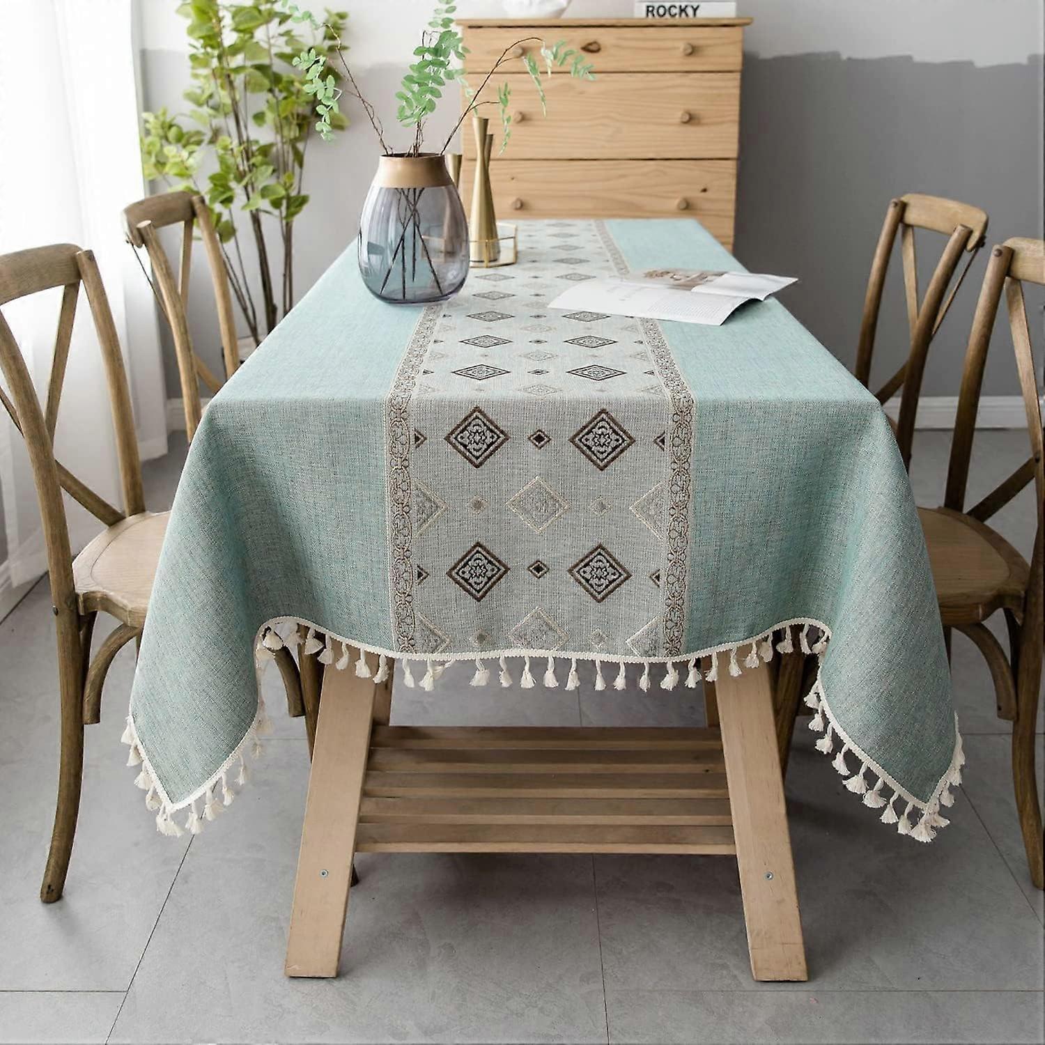 Table Cloth Rectangular Washable Cotton Linen Tablecloth Tassel Wipeable Tablecloth Wrinkle Free and Dust Proof for Coffe Table, Kitchen, Dining, Tabl