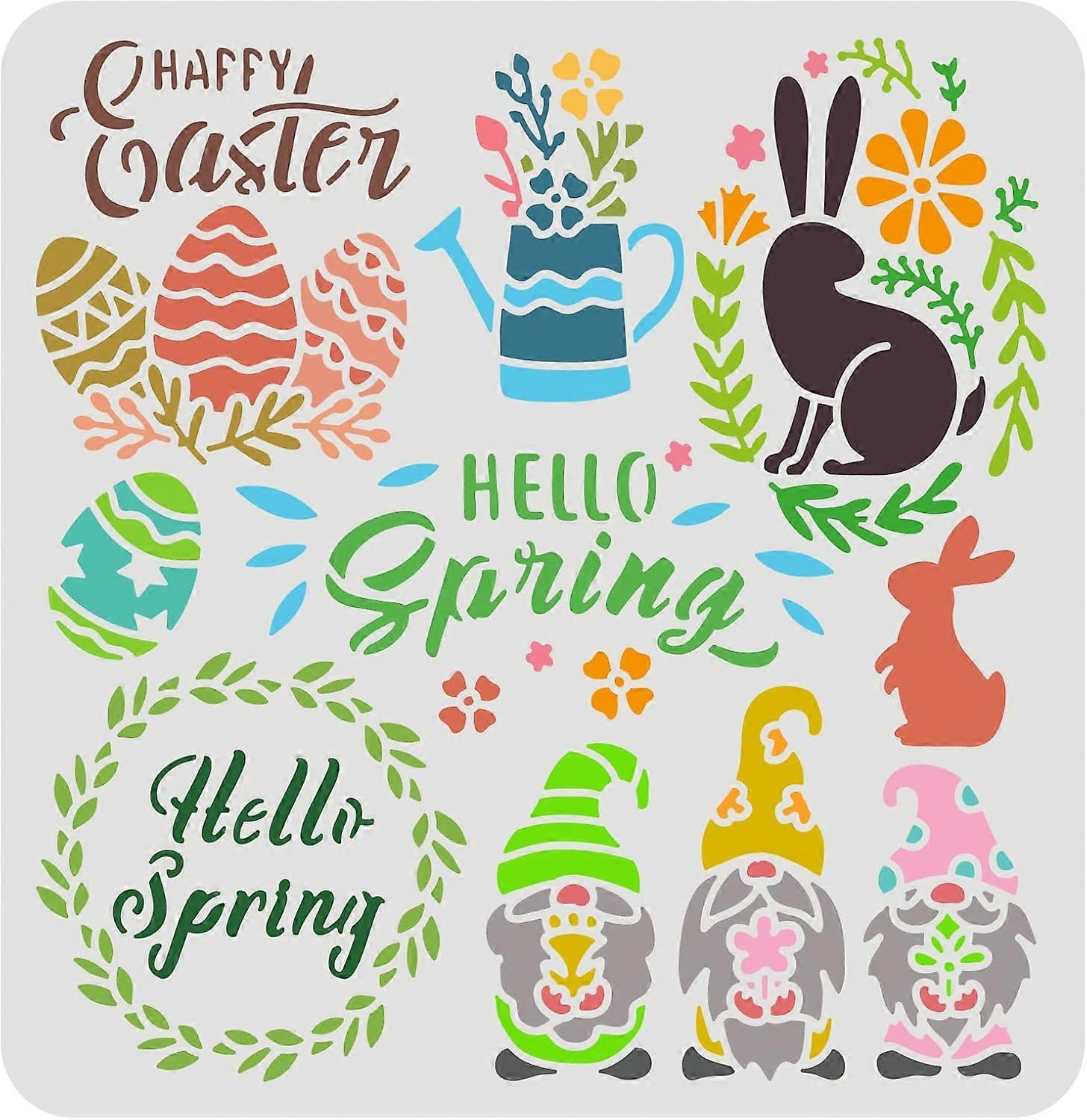 Happy Easter Stencil 11.8x11.8 inch Hello Spring Stencil Template Bunny Eggs Painting Stencil Plastic Flowers Leaves Dwarf Pattern Painting Stencil Re
