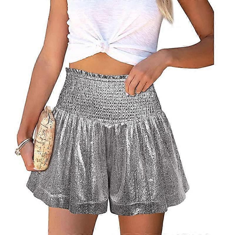 Womens Casual Summer Shorts Elastic High Waisted Pleated Ruffle Short Beach Pants